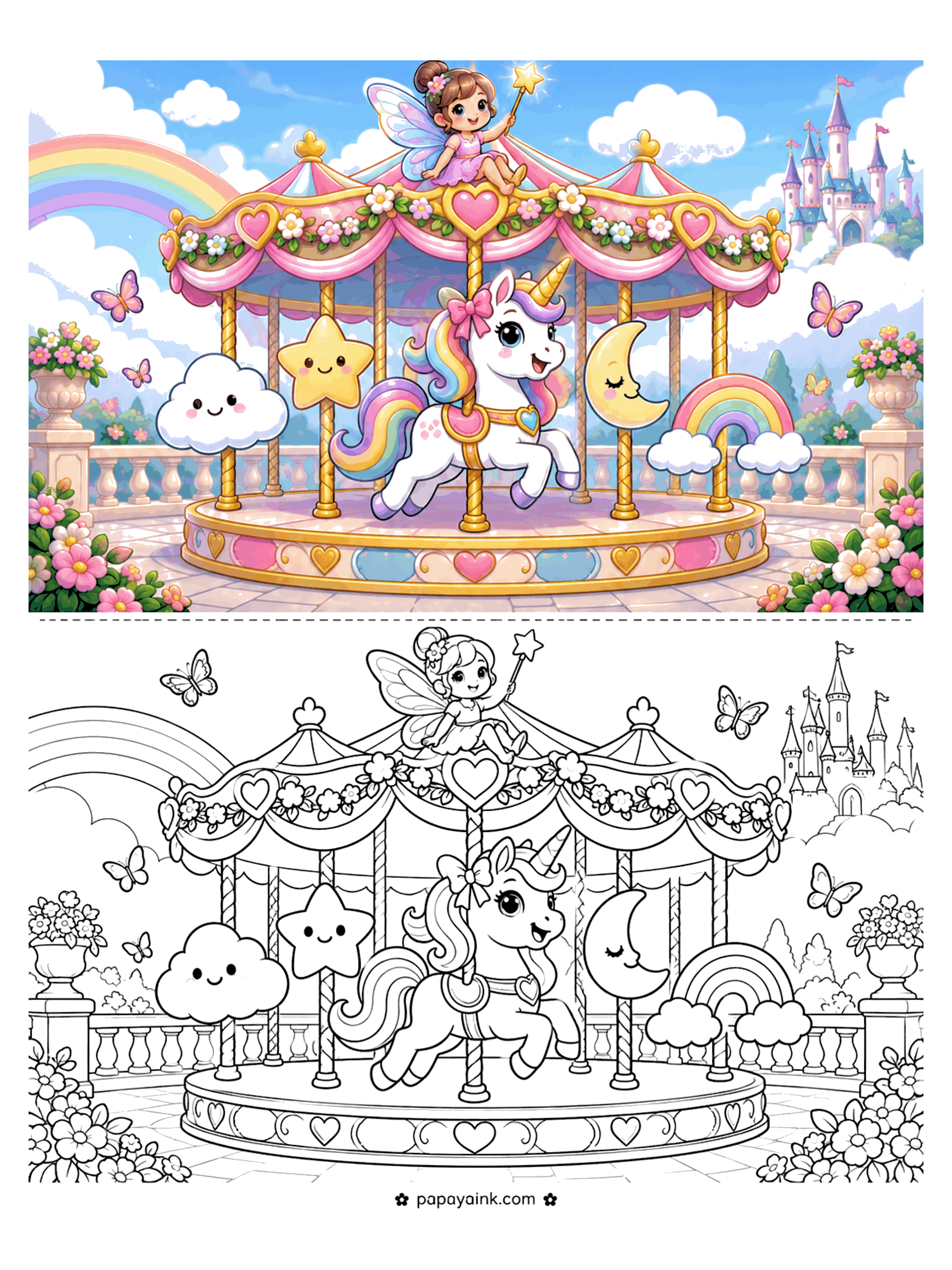 Cute Unicorn Coloring Pages - A unicorn rides a fairground carousel with a cloud, a star and a moon as the other seats, and a fairy waves her wand from the roof. Detailed.