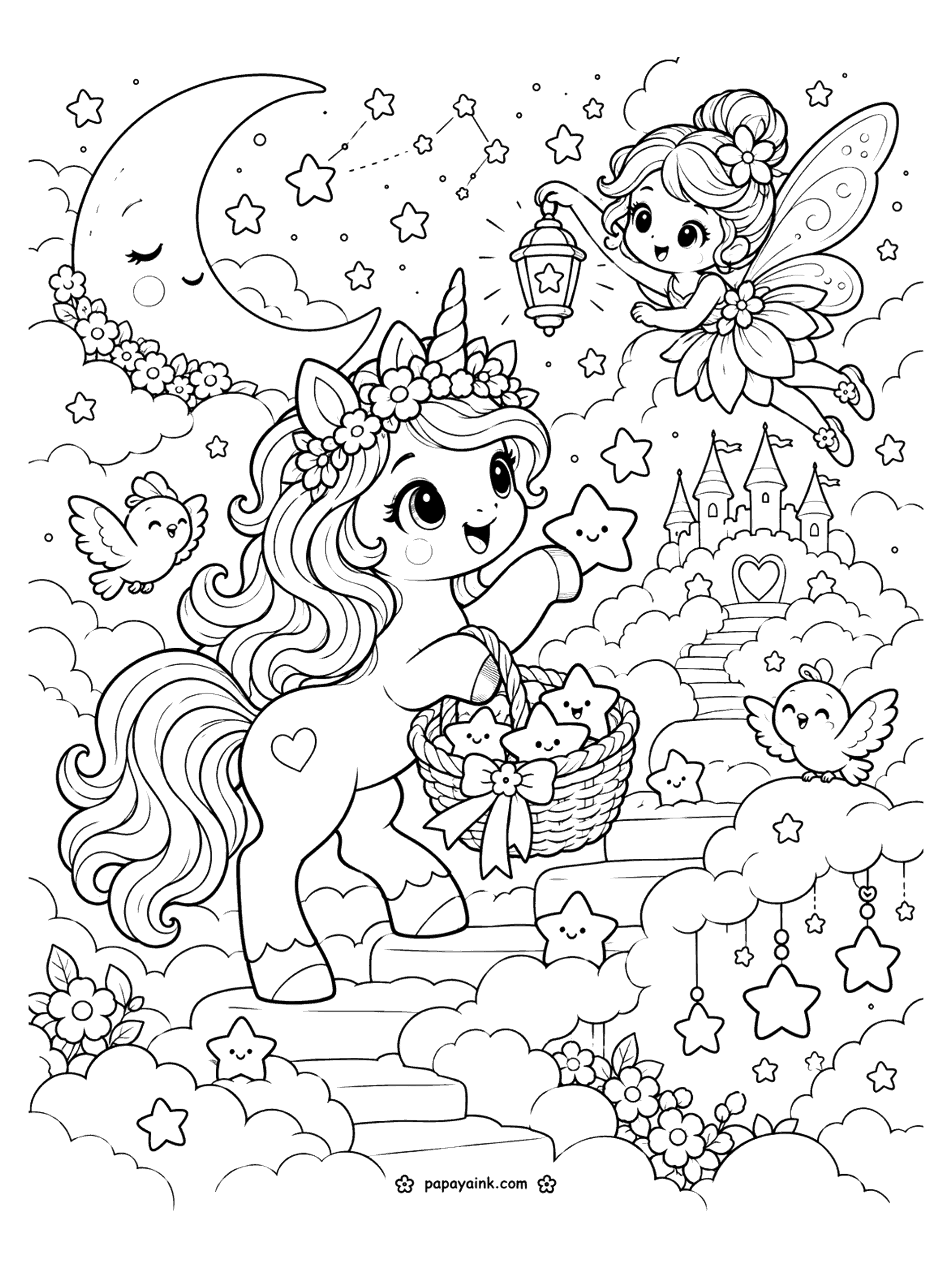 Cute Unicorn Coloring Pages - A unicorn climbs a cloud staircase gathering smiling stars into a basket while a fairy lights the way with a lantern beside a sleeping moon.