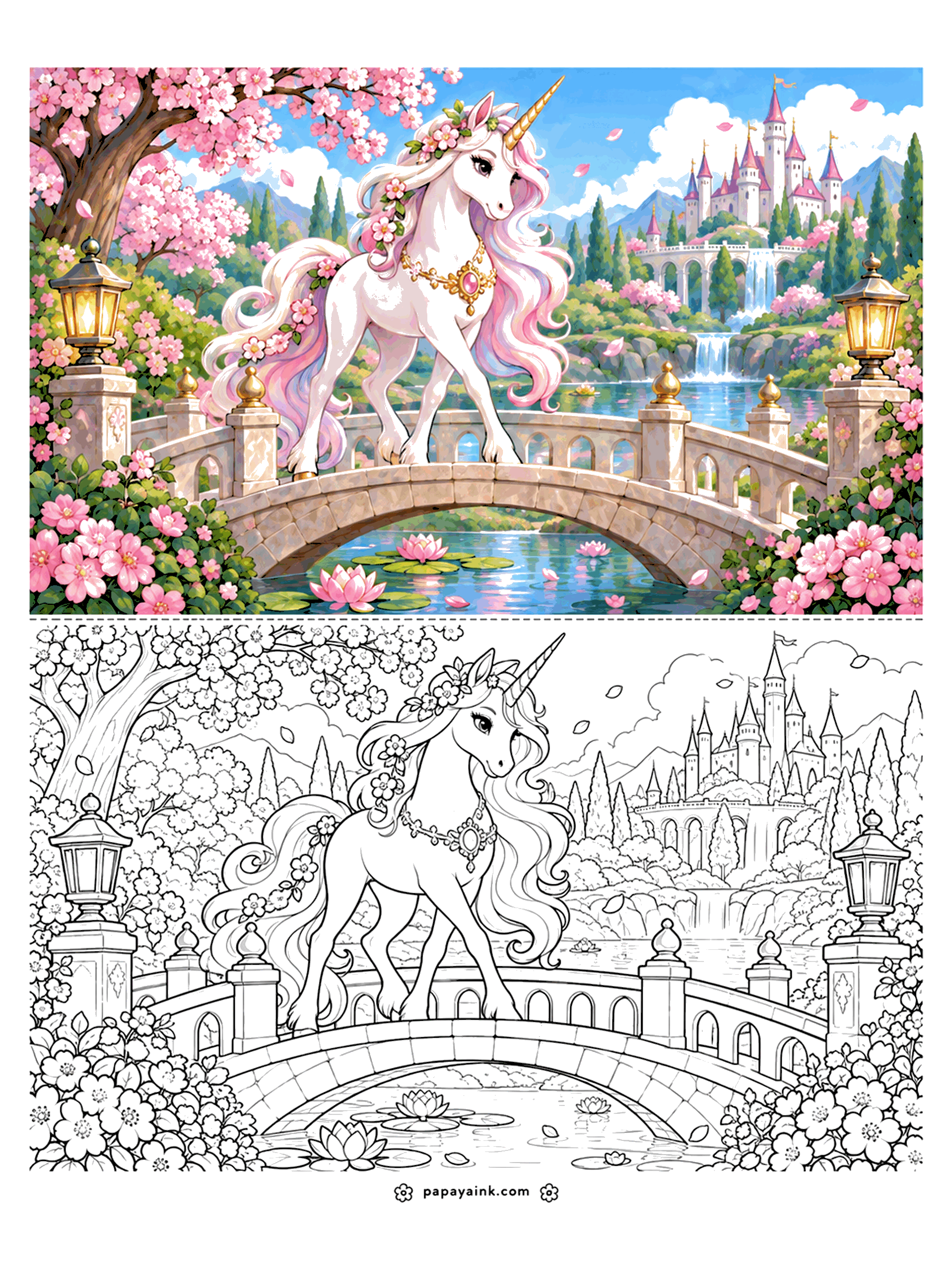 Unicorn Coloring Pages - Spring Unicorn Coloring Page with Color Sample: a unicorn crosses an arched stone bridge with lanterns under a cherry blossom tree, water lilies below and a pink-roofed castle beyond. Detailed.
