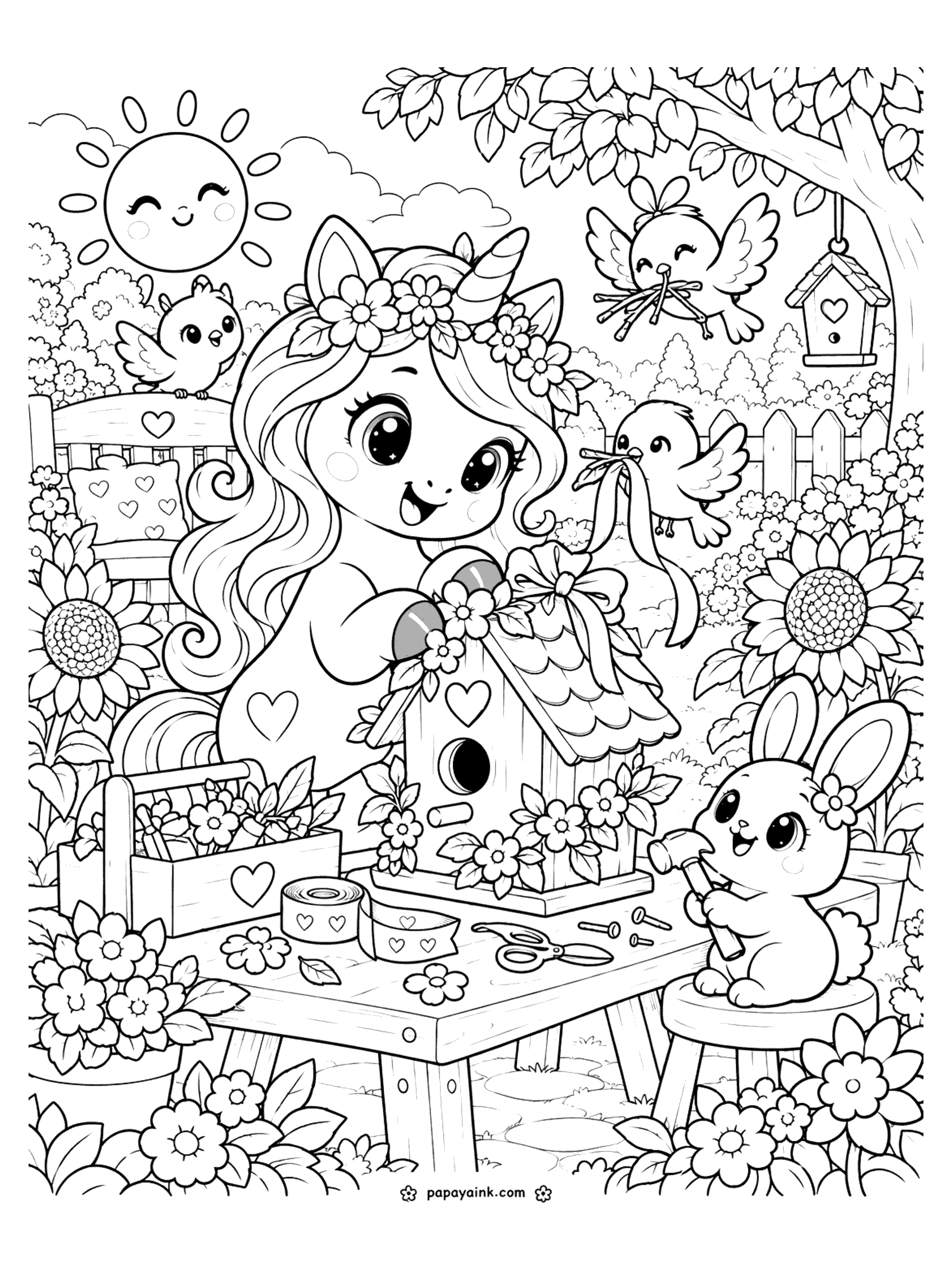 Cute Unicorn Coloring Pages - A unicorn decorates a wooden birdhouse with flowers and ribbon at a garden workbench, helped by little birds and a bunny with a hammer. Detailed.