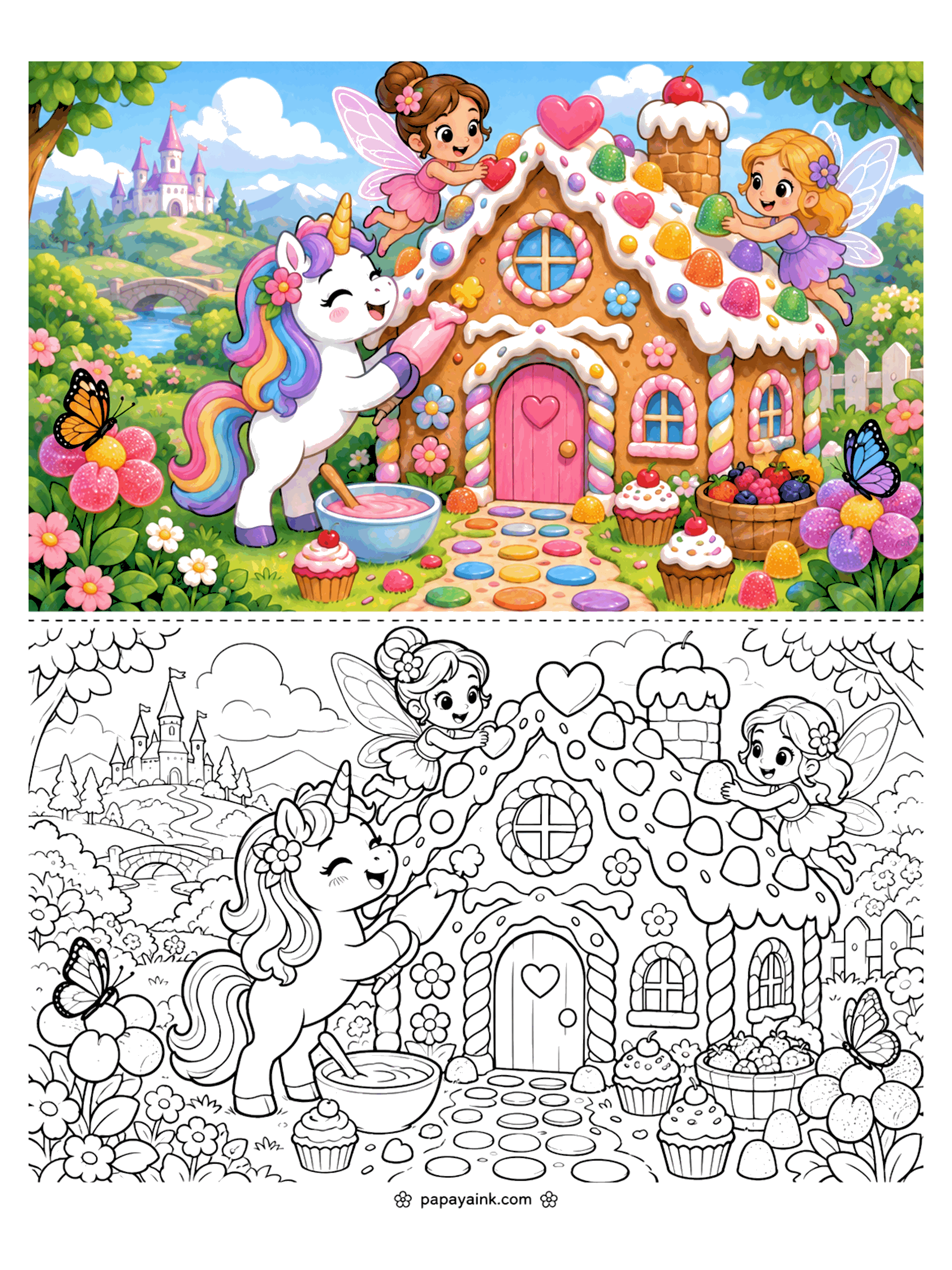 Cute Unicorn Coloring Pages - A unicorn pipes icing onto a gingerbread house while two fairies press candy hearts and gumdrops onto the roof. Detailed.