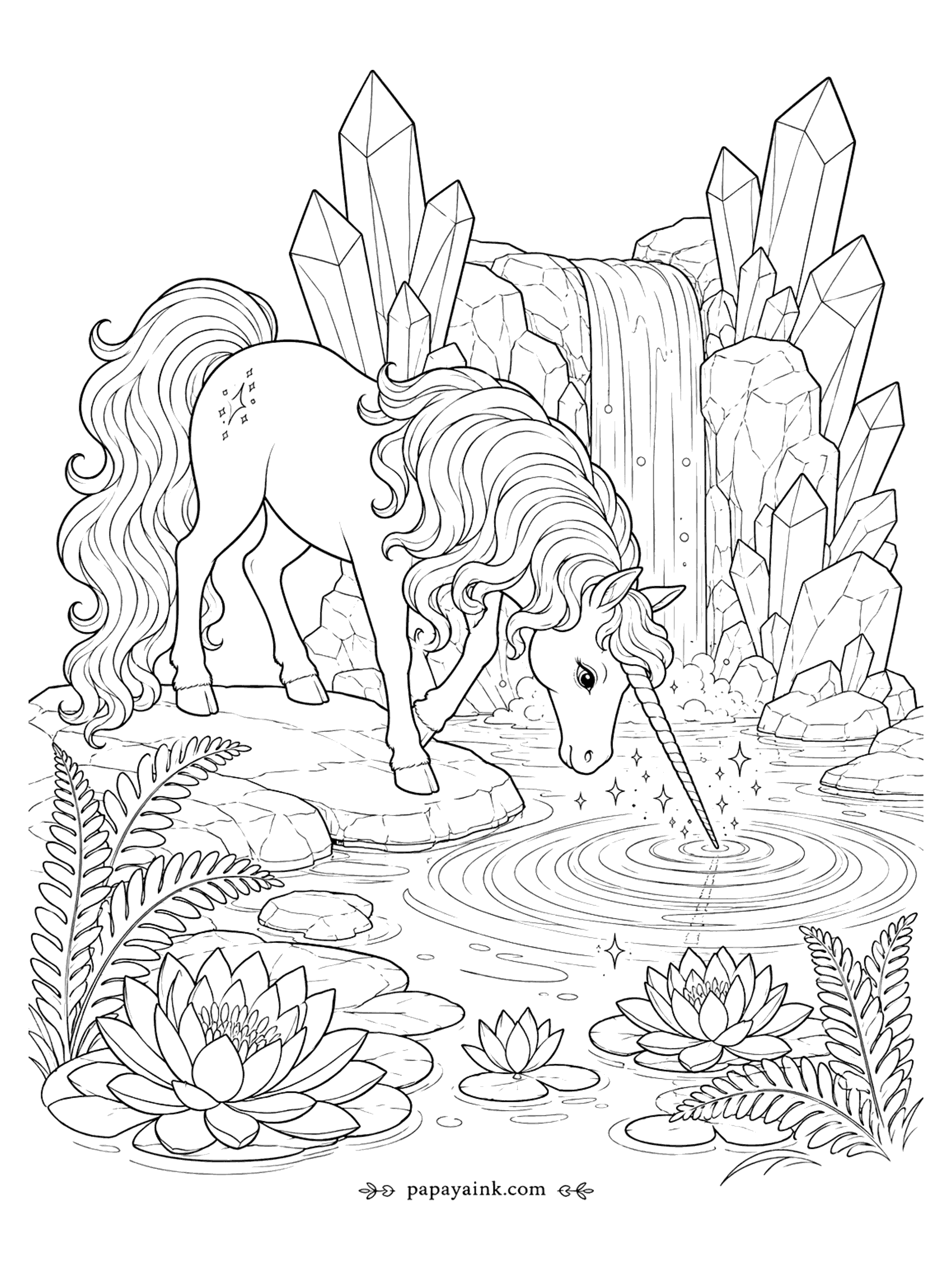 Unicorn Coloring Pages - Unicorn Coloring Page: Crystal Waterfall Pool with Lotus Flowers (Detailed)