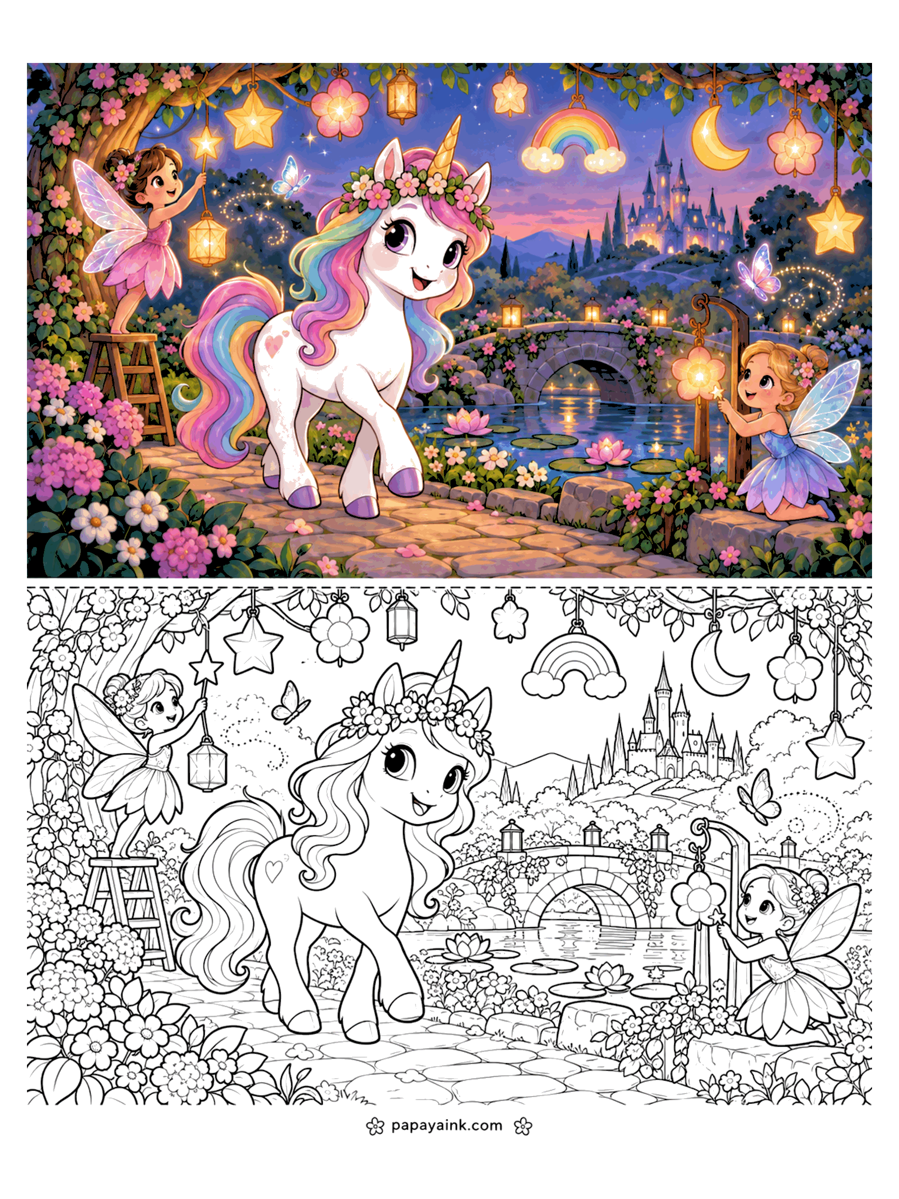 Cute Unicorn Coloring Pages - A unicorn stands on a garden path at dusk while two fairies hang lanterns and glowing stars around a pond and a stone bridge. Detailed.
