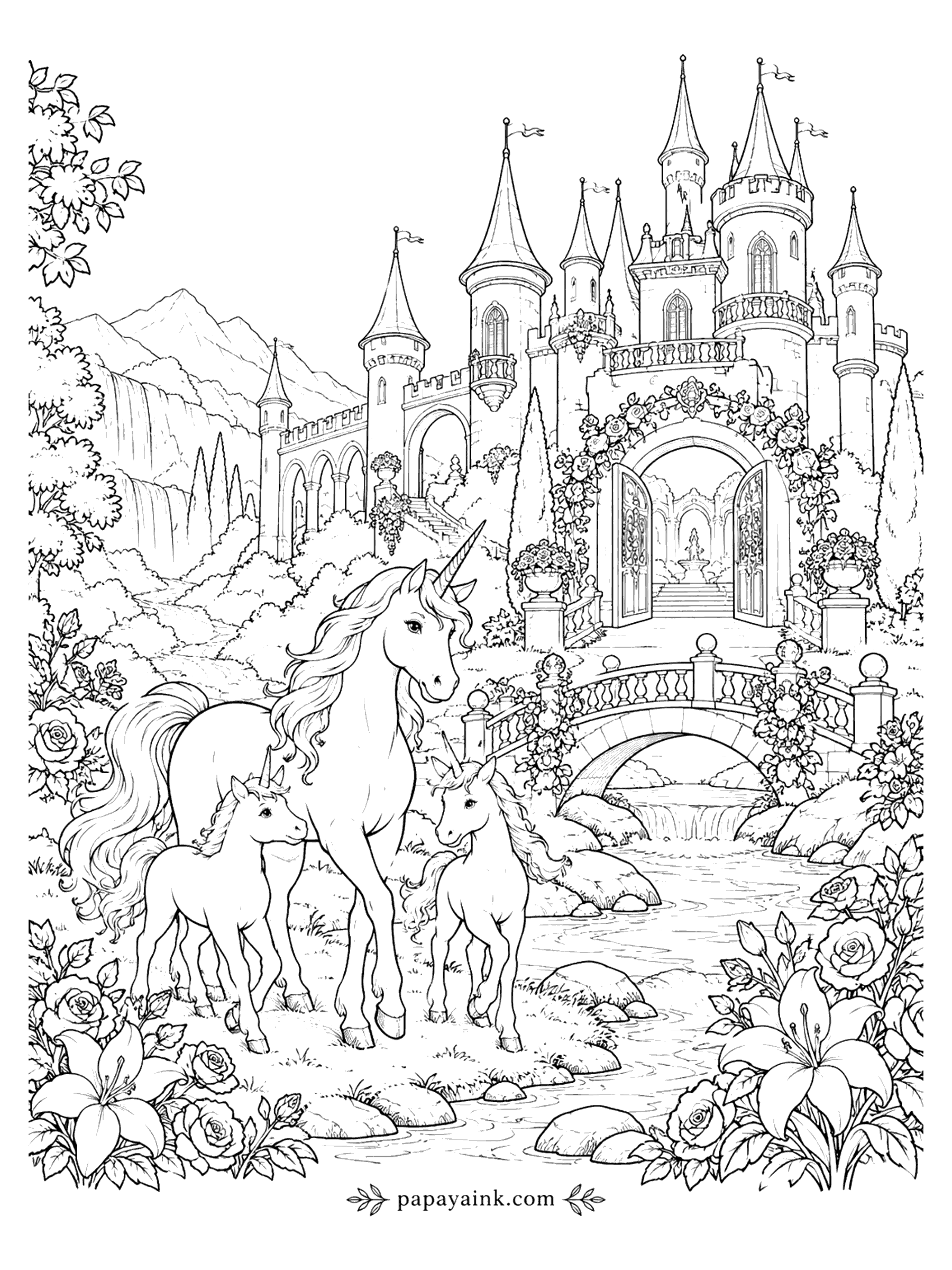 Castle Coloring Pages - Unicorn mother with two foals by a stream in front of a rose-covered castle with a garden bridge and mountain waterfall. Detailed