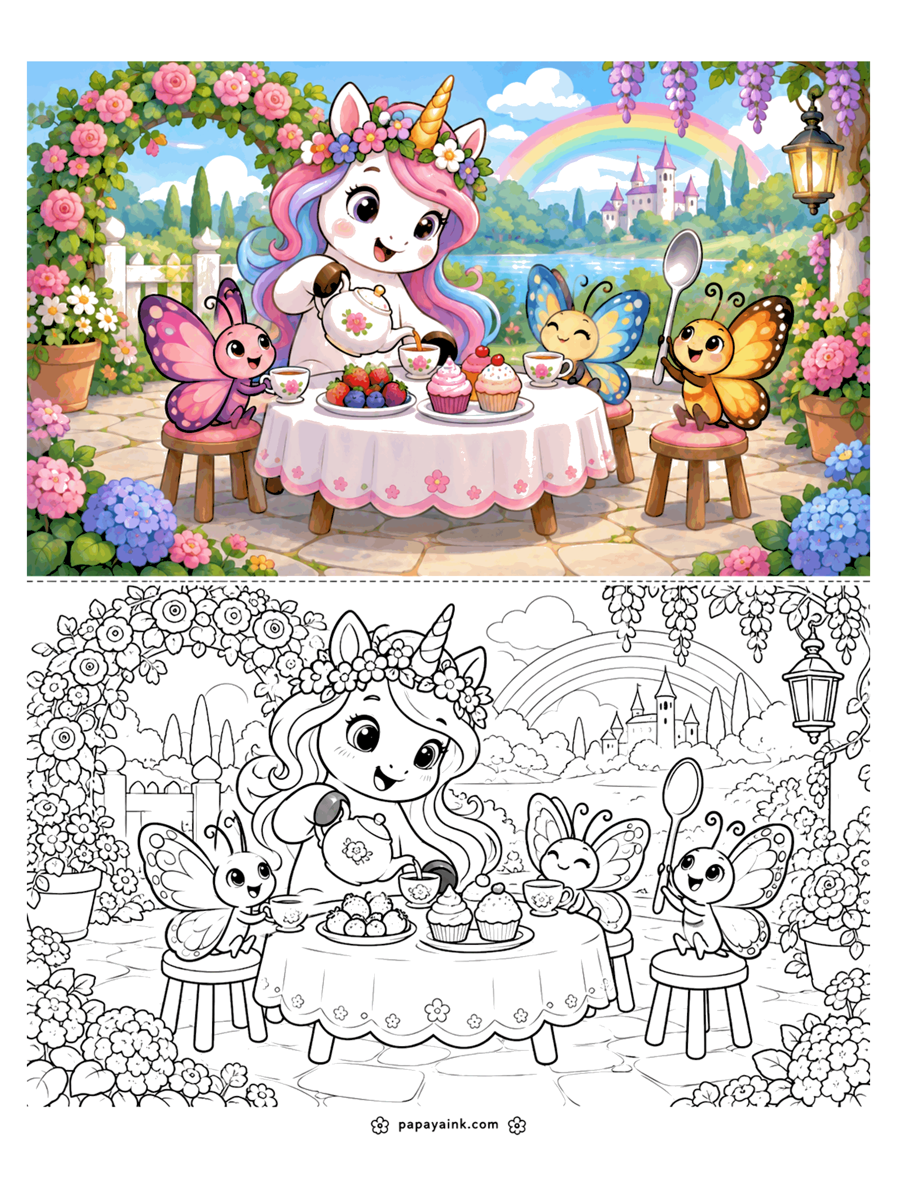 Cute Unicorn Coloring Pages - A unicorn in a flower crown pours tea for three butterfly friends at a garden table set with cupcakes and berries, with a castle and rainbow beyond the roses. Detailed.
