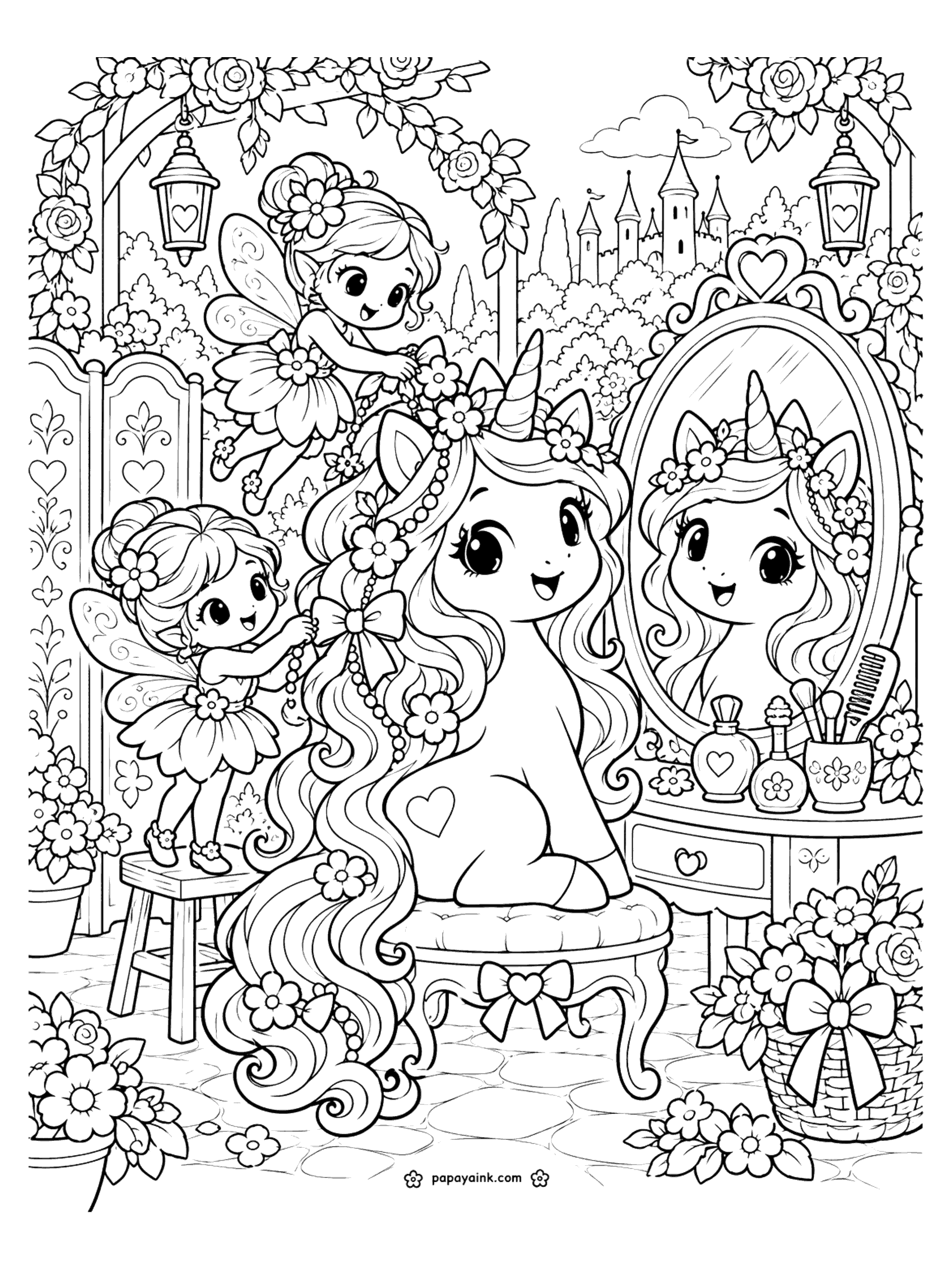 Cute Unicorn Coloring Pages - Two fairies braid flowers, pearls and a bow into a unicorn's long mane in front of a vanity mirror in a rose garden. Detailed.