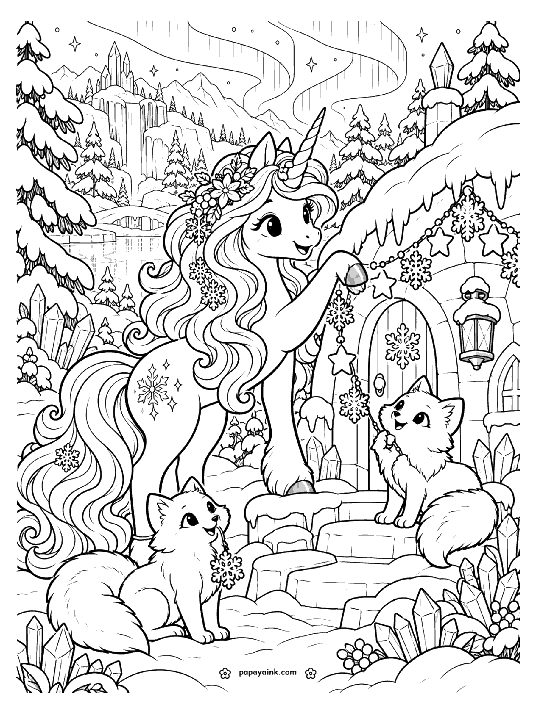 Cute Unicorn Coloring Pages - A unicorn hangs a garland of snowflakes and stars on a snowy ice cottage while two arctic fox cubs help, with crystals, a frozen lake and northern lights behind. Detailed.
