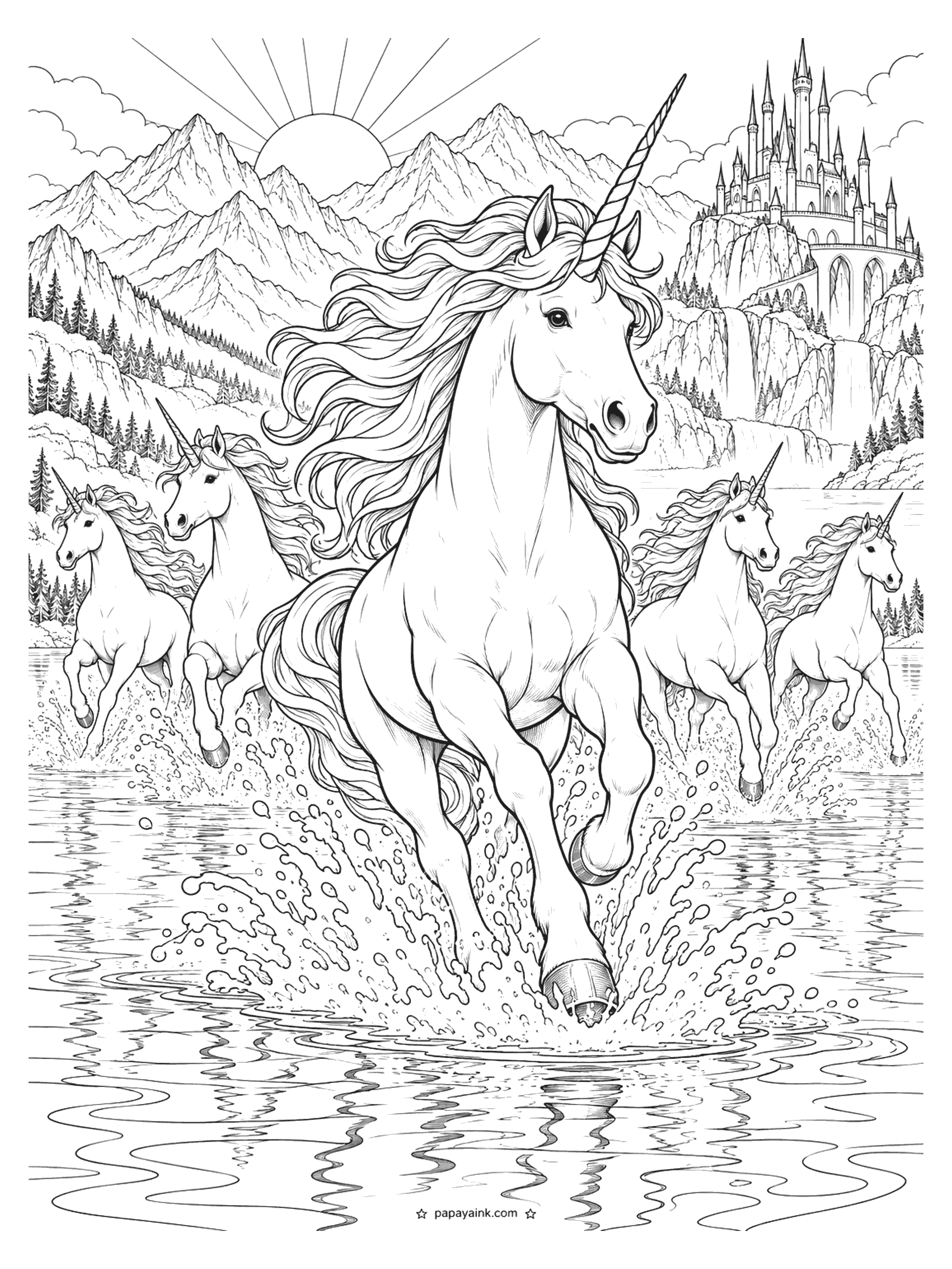 Unicorn Coloring Pages - Unicorn herd coloring page: a lead unicorn gallops straight at the viewer through a shallow mountain lake, spray flying from its hooves, with the herd behind, a rising sun, pine slopes and a castle above a waterfall. Detailed.