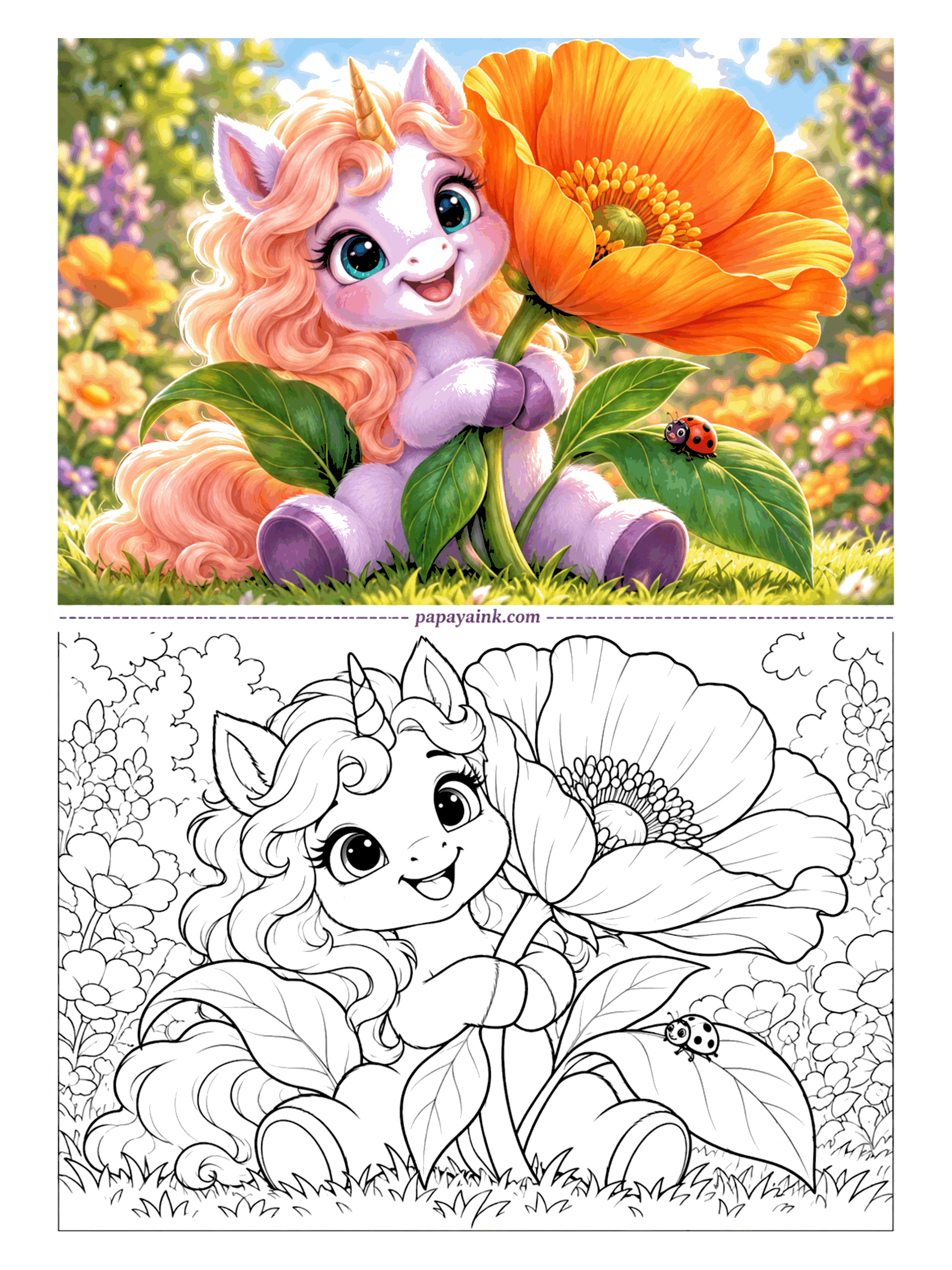 Cute Unicorn Coloring Pages - Why pick a flower when you can hug it? A fluffy unicorn wraps both hooves around the stem of an enormous poppy, and a ladybug watches from a leaf. Detailed - the background garden is full of small blooms.