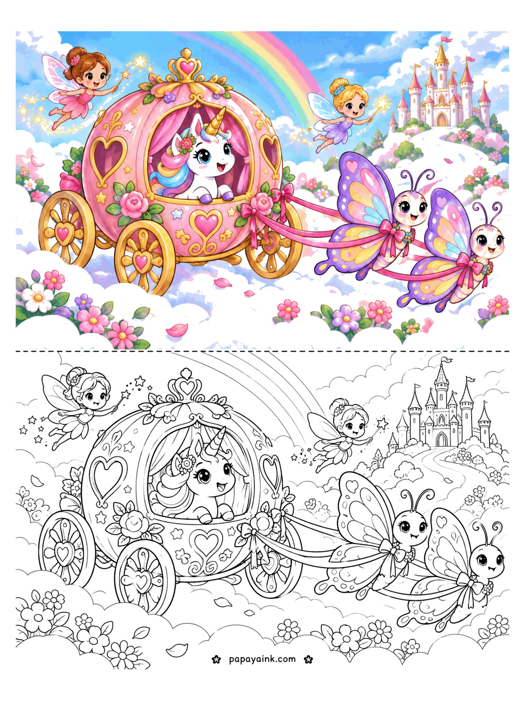 Cute Unicorn Coloring Pages - A unicorn rides in a pumpkin-shaped carriage pulled by two butterflies through the clouds, with fairies and a castle behind.