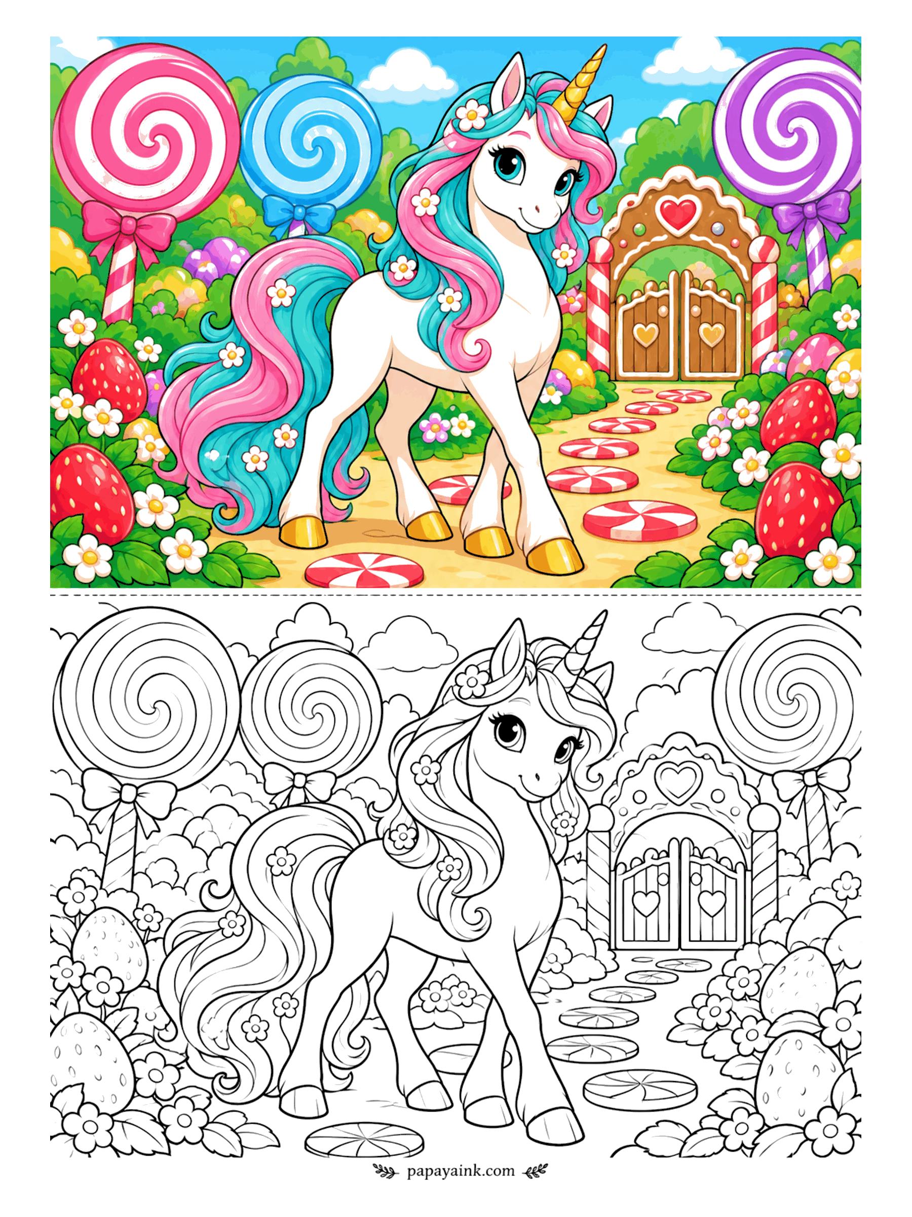 Unicorn Coloring Pages - Lollipops instead of trees, peppermint stepping stones instead of flagstones, and a gingerbread gate with a heart on top. The unicorn seems unsure whether to walk or eat. Swirl each lollipop in two colors and let the candy stones repeat the pattern.