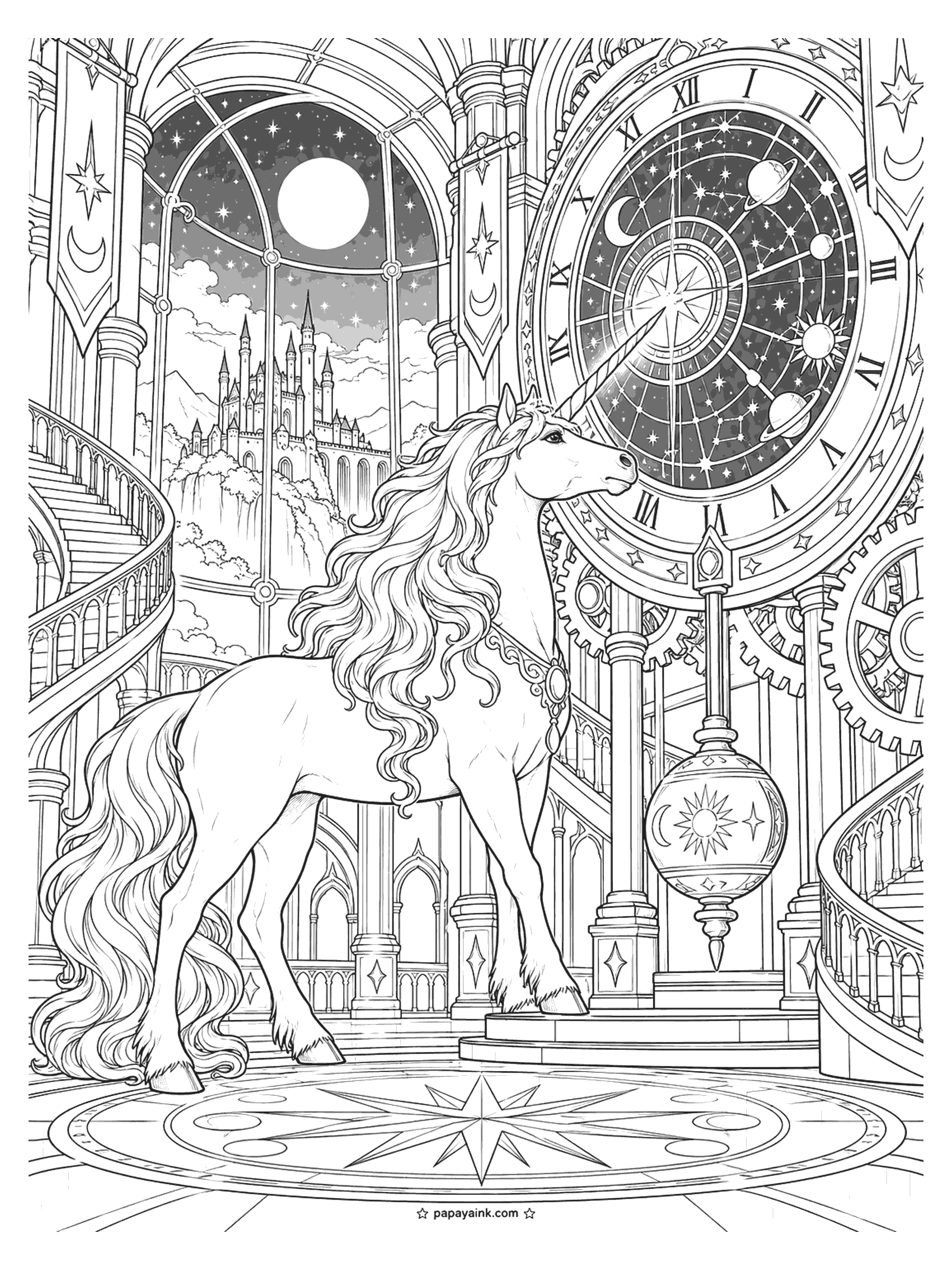 Unicorn Coloring Pages - Magical unicorn coloring page: a unicorn touches its horn to a giant star-map clock inside a tower of gears, a sun and moon pendulum, spiral staircases and a moonlit castle in the window. Detailed.