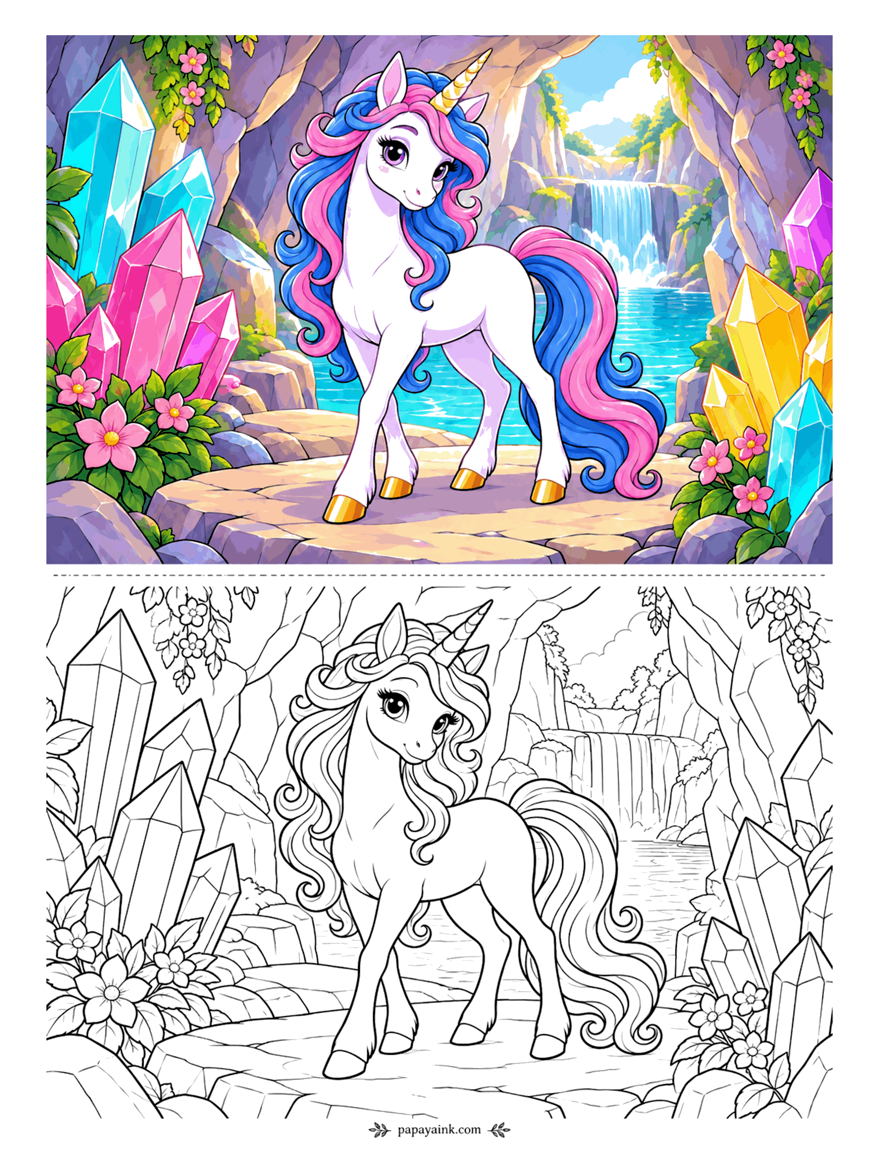 Unicorn Coloring Pages - Inside the grotto the crystals grow taller than the unicorn, pink and ice-blue and amber, and a waterfall drops into the pool behind her. Her lavender coat is a chance to try a tinted unicorn instead of a white one. Detailed.