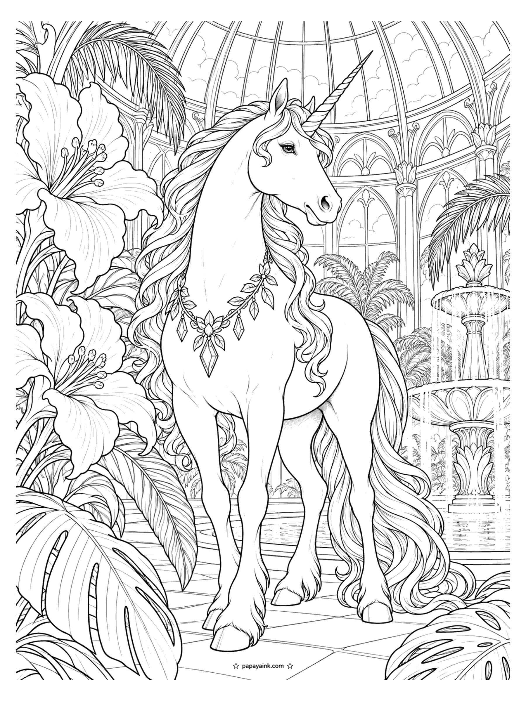 Unicorn Coloring Pages - Unicorn coloring page for adults: a unicorn in a leaf and crystal necklace stands under the glass dome of a conservatory among giant lilies, monstera leaves, palms and a tiered fountain. Detailed.