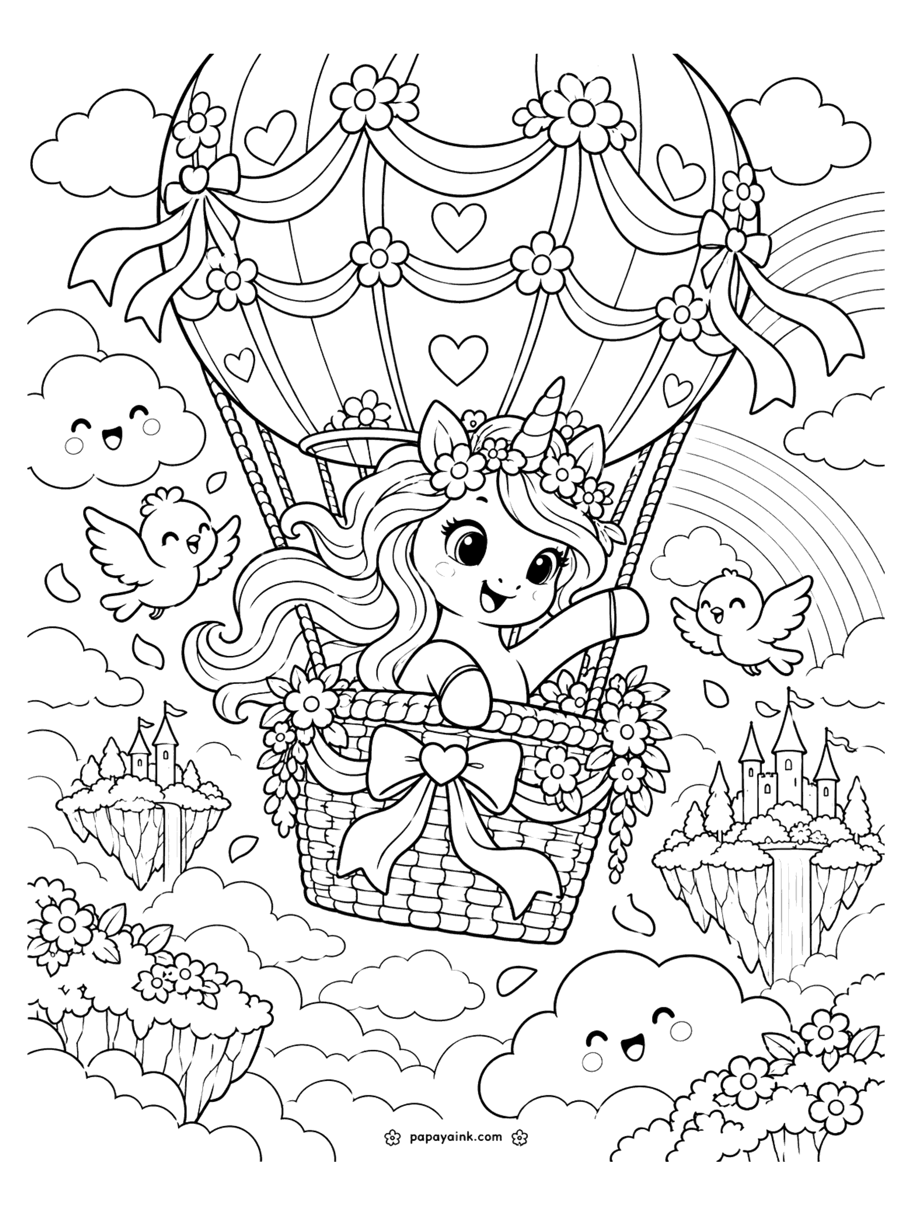 Cute Unicorn Coloring Pages - A unicorn waves from the basket of a hot-air balloon draped in ribbons, hearts and flowers, floating past smiling clouds, little birds and castle islands with waterfalls.