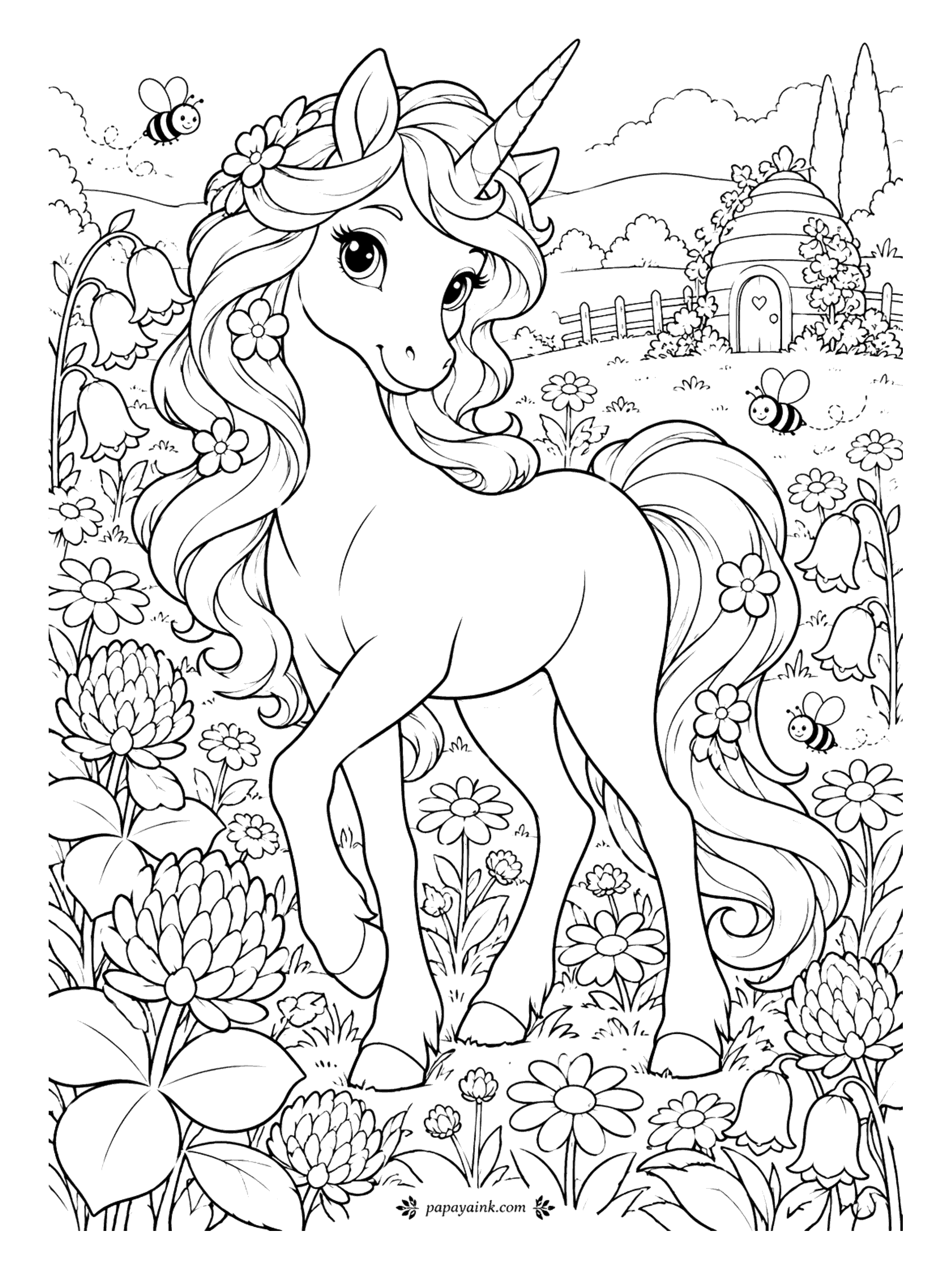 Unicorn Coloring Pages - Three cheerful bees work the clover while their skep, complete with a heart on the door, sits at the top of the meadow. The unicorn lifts a hoof to keep from stepping on anyone. Yellow and black stripes, then honey gold for the hive.