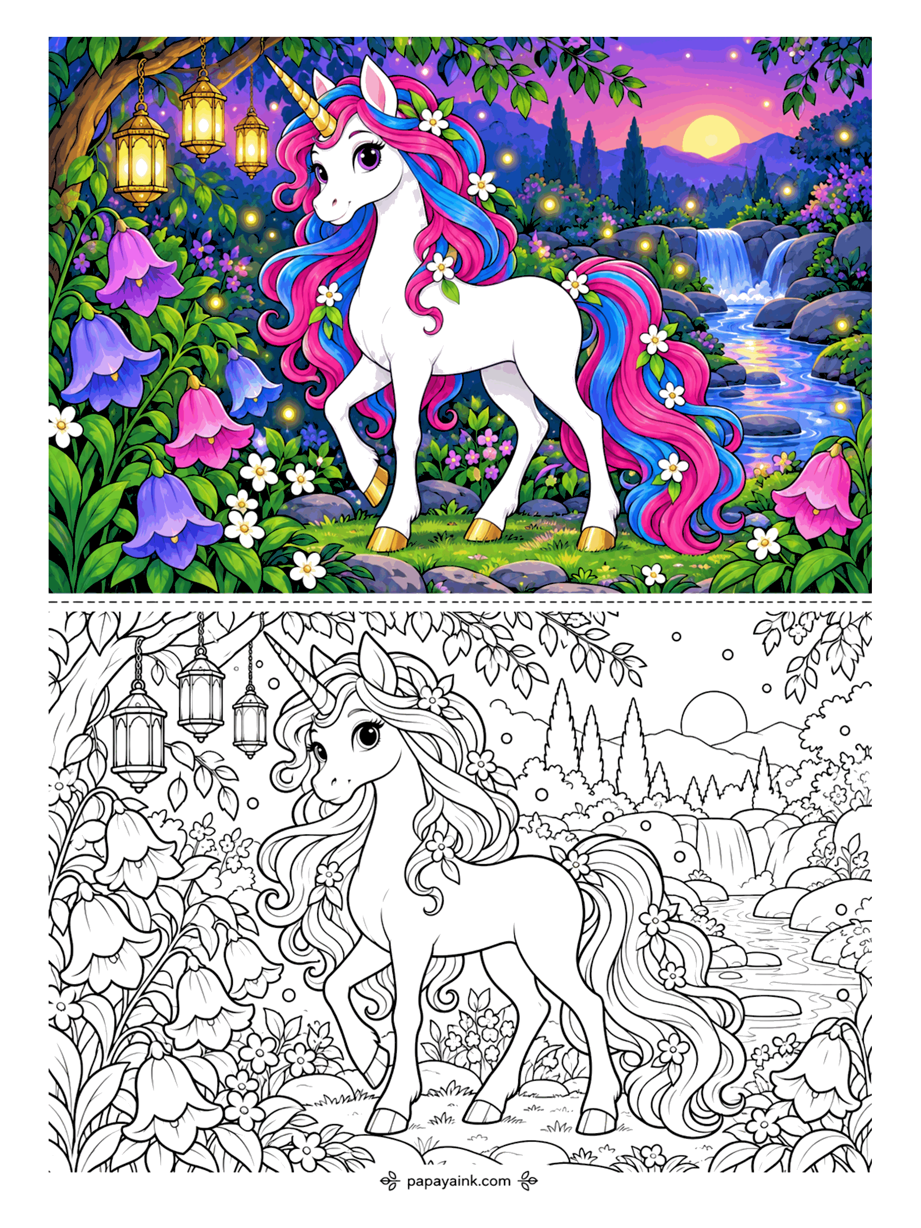 Unicorn Coloring Pages - Dusk in the forest, the lanterns already lit and fireflies drifting between the bellflowers. The unicorn lifts one hoof on the mossy path by the stream. Color the sky deep violet and leave every lantern and firefly bright yellow. Detailed.