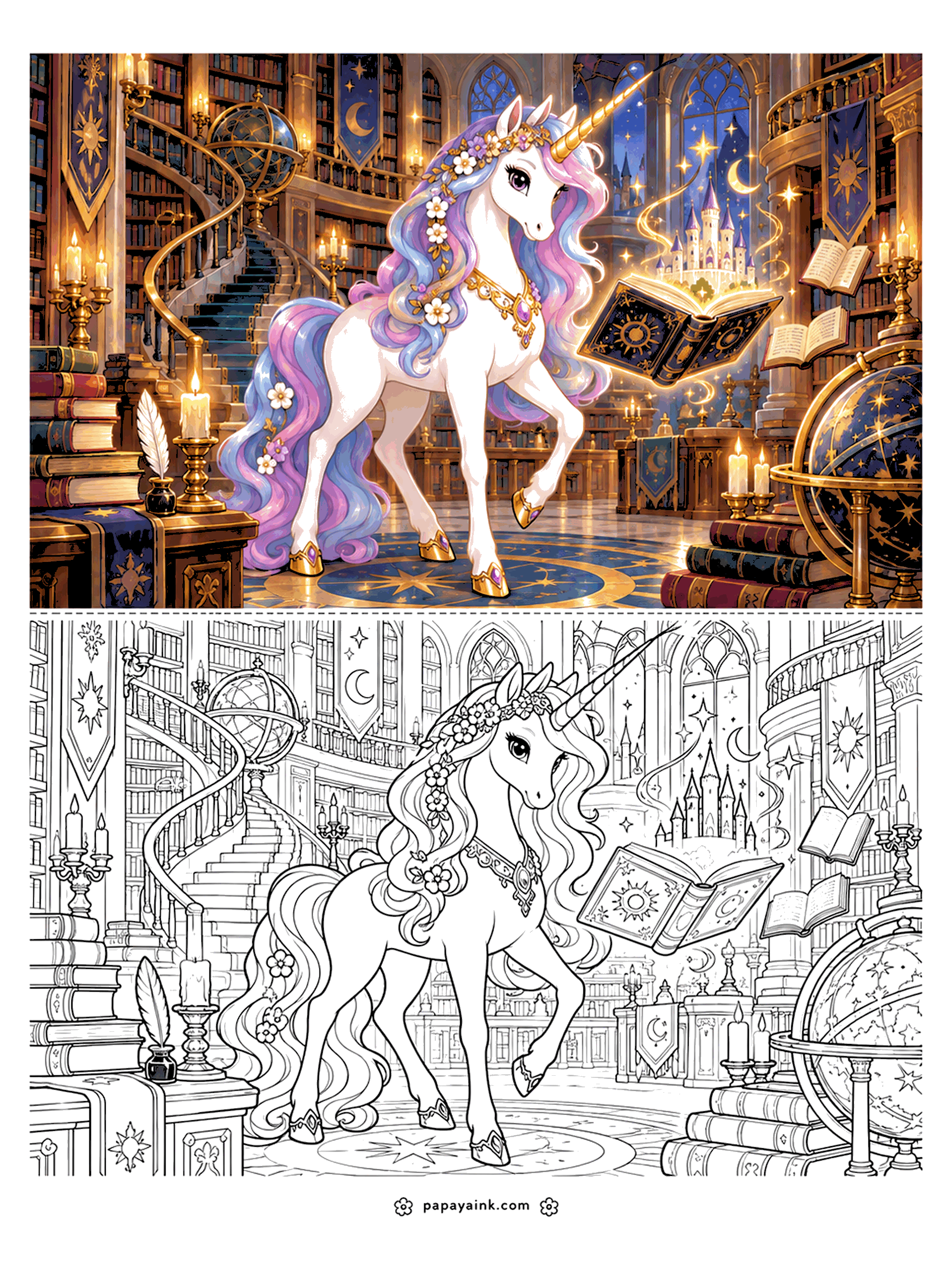 Unicorn Coloring Pages - Unicorn Coloring Page with Color Sample: a unicorn in an enchanted library where a tiny castle rises from a floating spellbook, with a spiral staircase, candles, globes and star banners. Detailed.