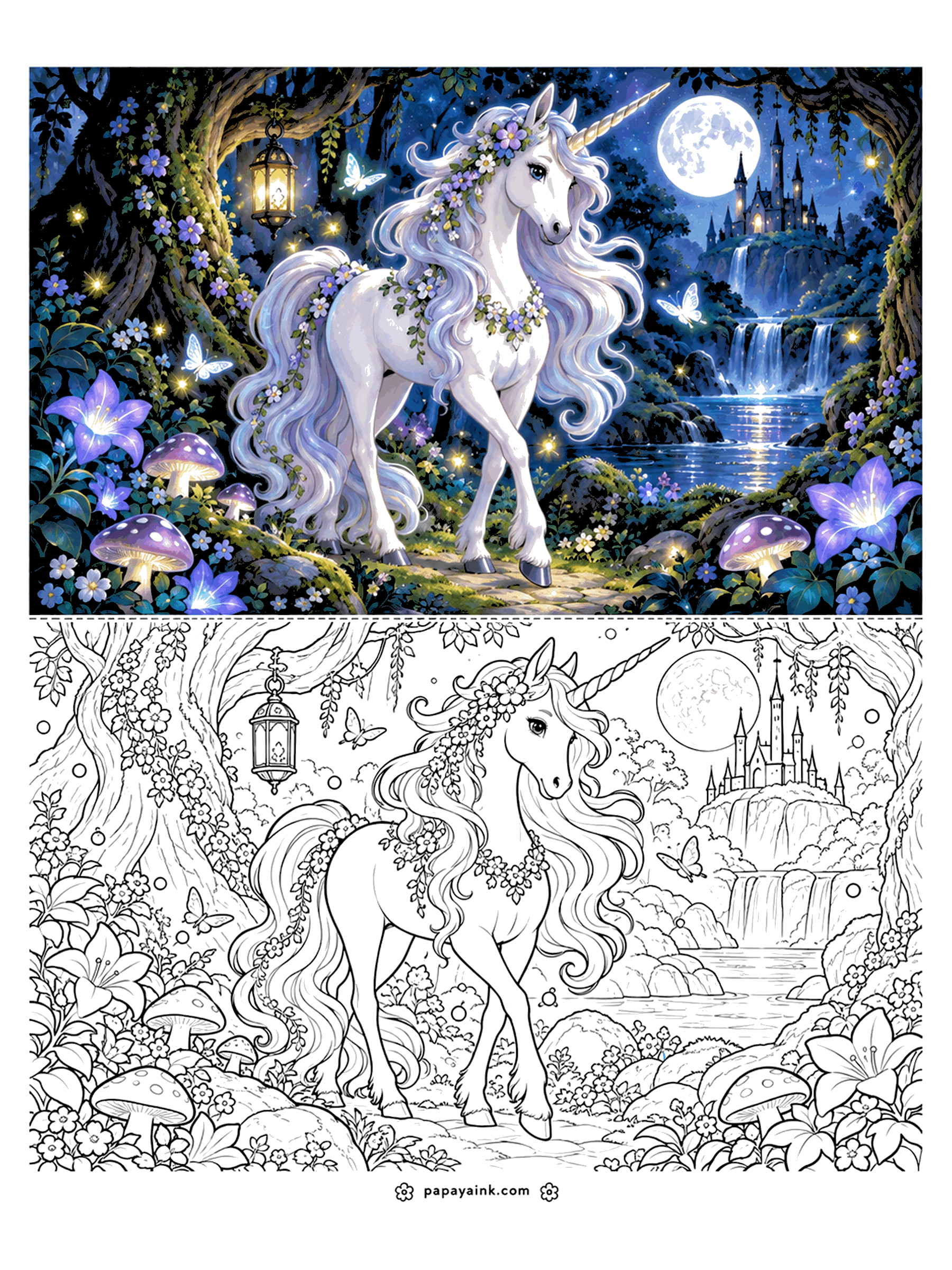 Unicorn Coloring Pages - Magical Unicorn Coloring Page with Color Sample: a unicorn with a vine-braided mane in a night forest with a hanging lantern, glowing mushrooms, butterflies, a full moon and a castle above a waterfall. Detailed.
