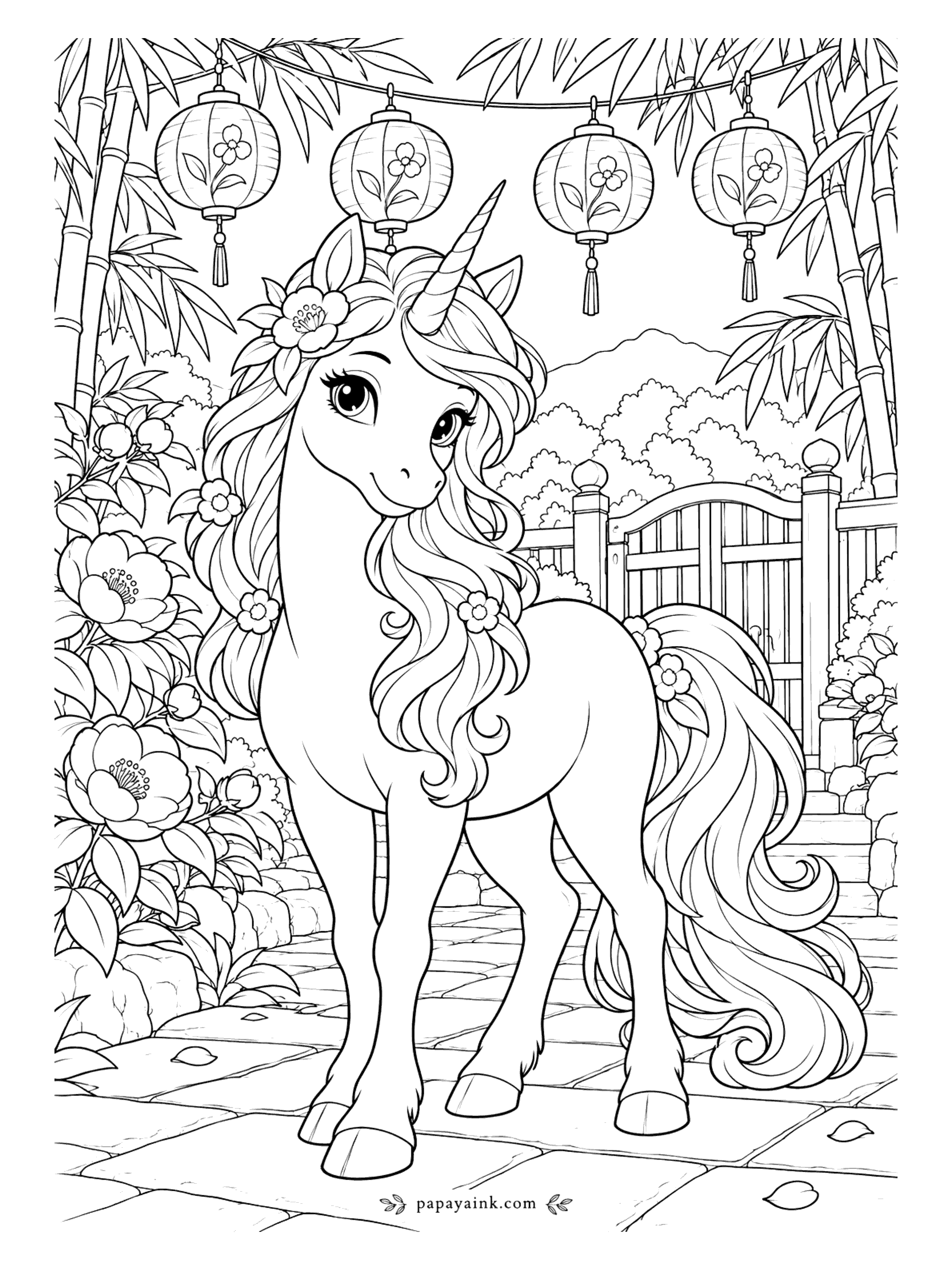 Unicorn Coloring Pages - Paper lanterns painted with flowers hang on a string between the bamboo stalks. Camellias bloom by the wooden gate, and the unicorn has a matching one tucked behind her ear. Try red or coral lanterns against green bamboo. Detailed.