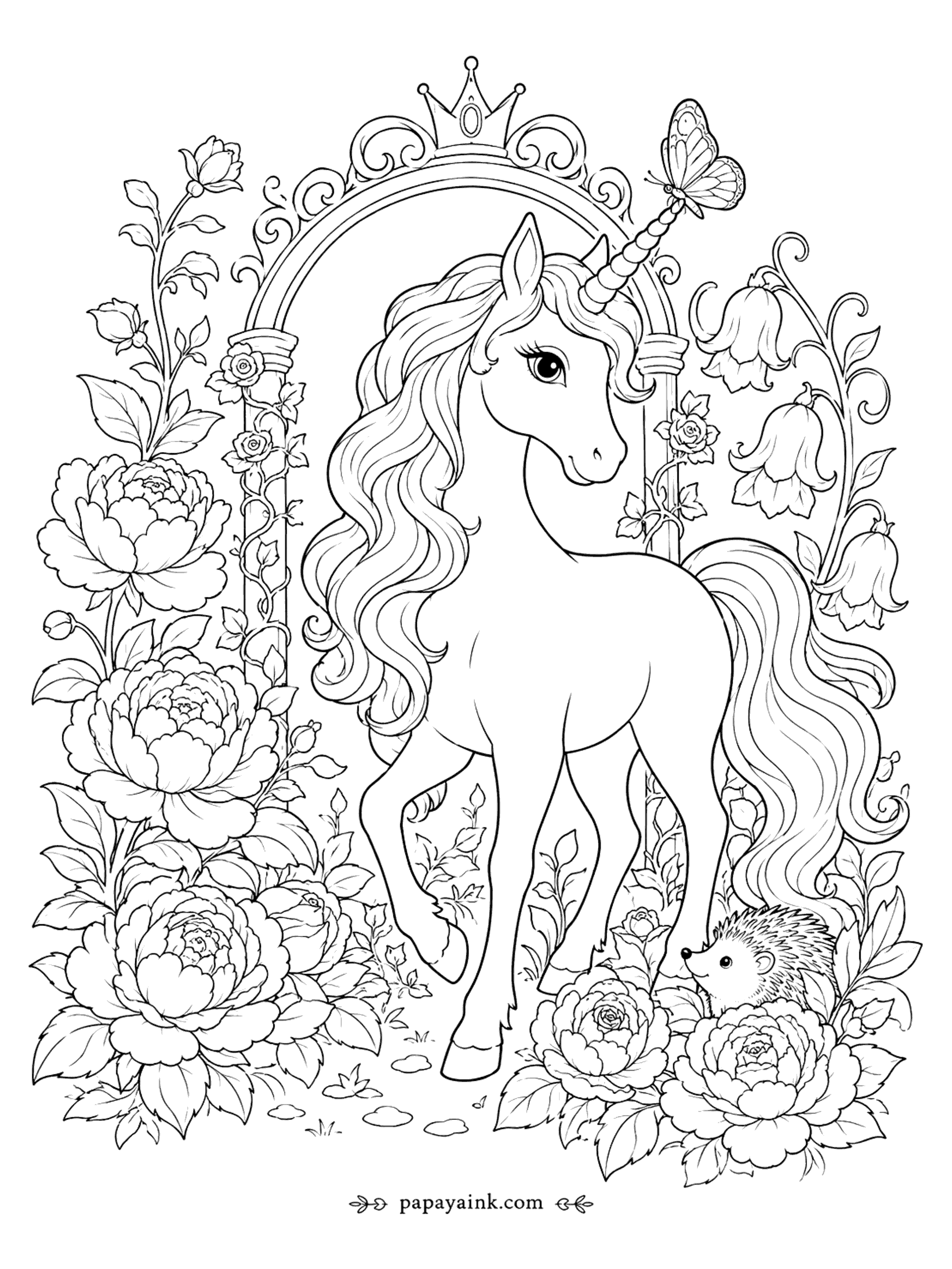 Unicorn Coloring Pages - Unicorn Coloring Page: Peony Garden with a Hedgehog (Detailed)