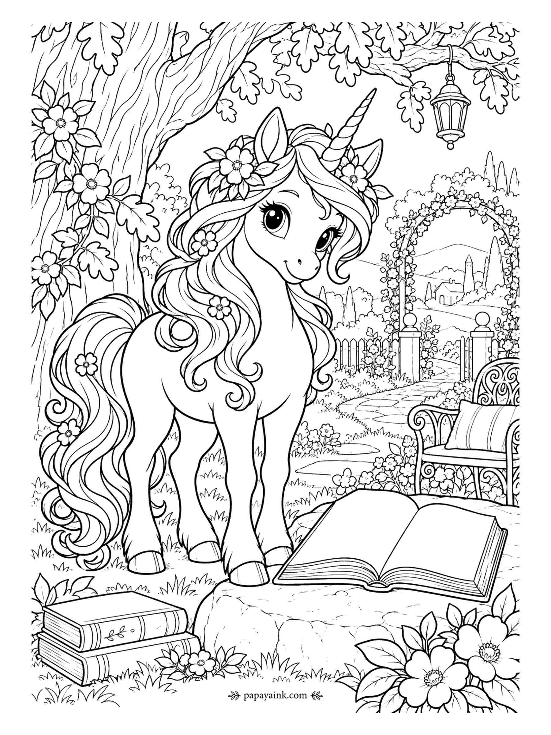 Unicorn Coloring Pages - Someone left a book open on the rock and two more stacked in the grass, and the unicorn is reading over their shoulder. An iron bench with a cushion, a lantern in the oak and a rose arch complete the garden. Detailed.