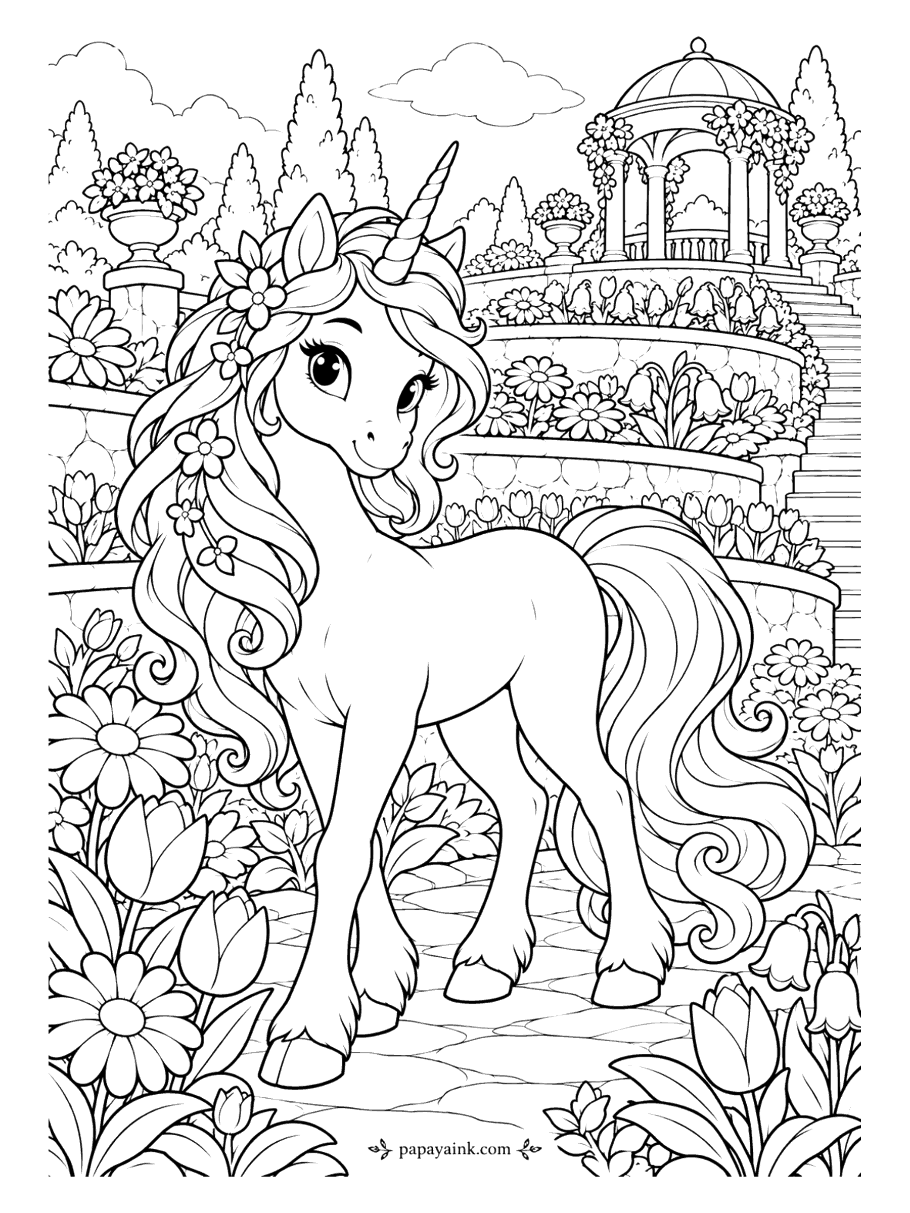 Unicorn Coloring Pages - Stone terraces climb behind the unicorn, each one planted with tulips, daisies or bellflowers, and a staircase runs up to a gazebo with urns at the top. Color one flower per terrace and the hillside reads like a striped tapestry. Detailed.