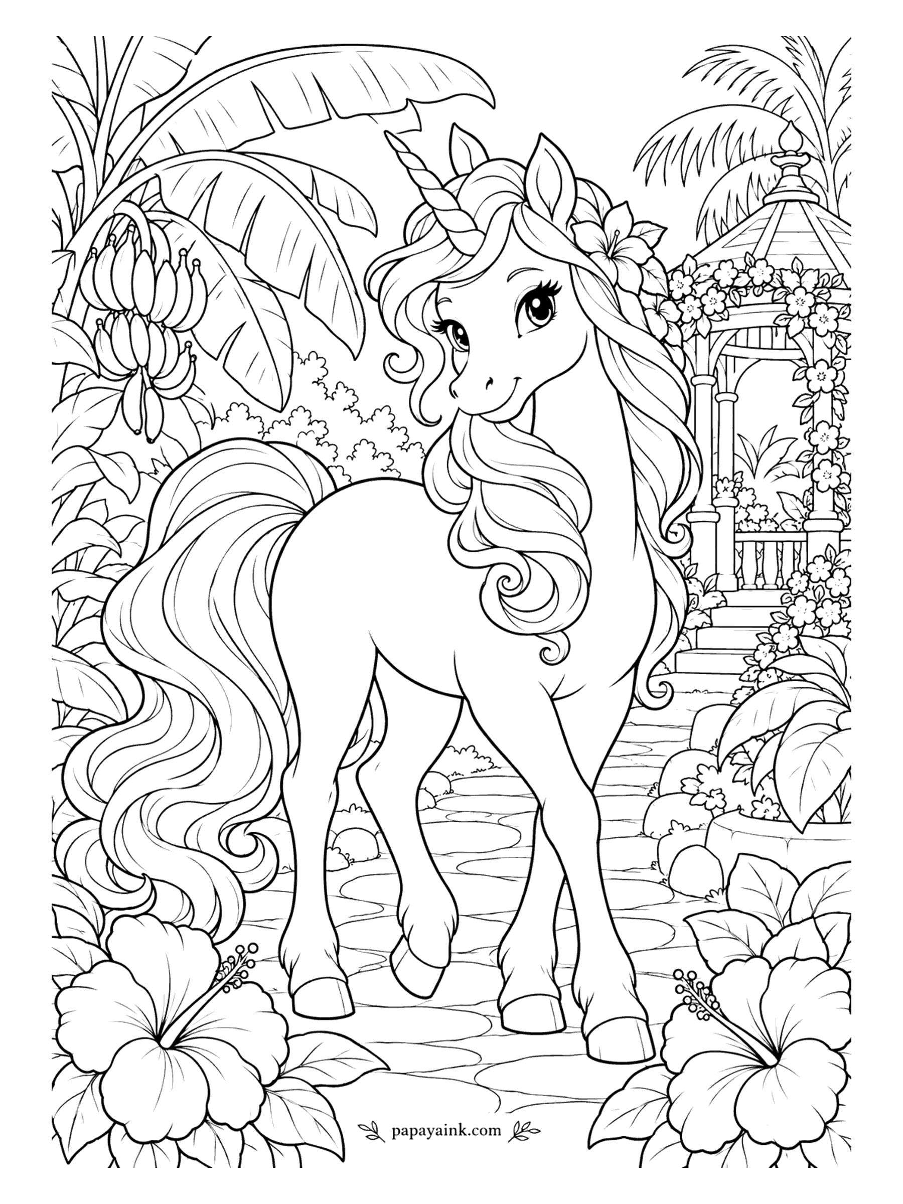 Unicorn Coloring Pages - Giant banana leaves, a heavy bunch of bananas, and hibiscus flowers as wide as the unicorn's face. A white gazebo wrapped in climbing blooms sits at the top of the steps. Coral and red for the hibiscus, several greens for the leaves. Detailed.