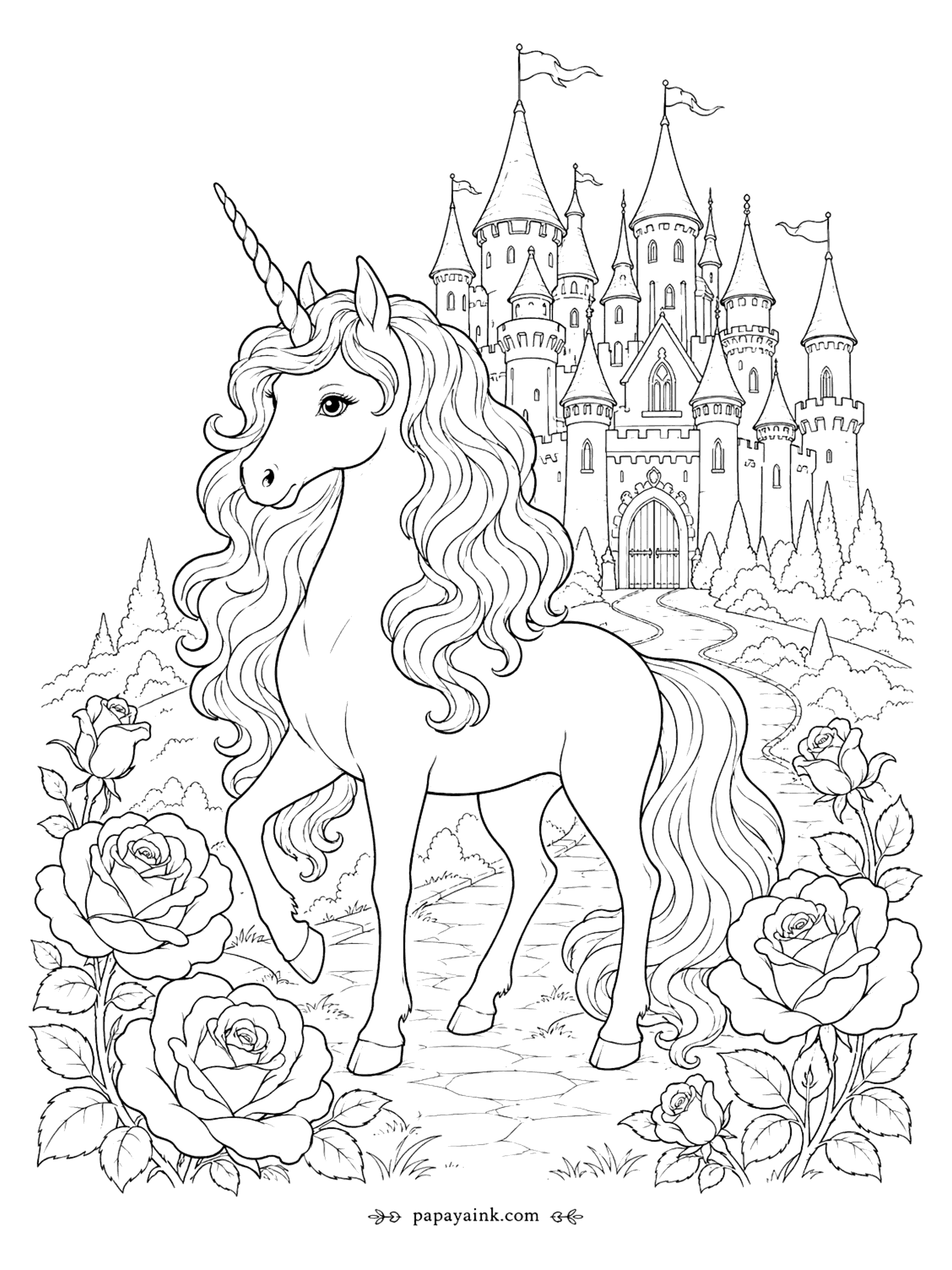 Unicorn Coloring Pages - Unicorn Coloring Page: Fairytale Castle with Climbing Roses (Detailed)
