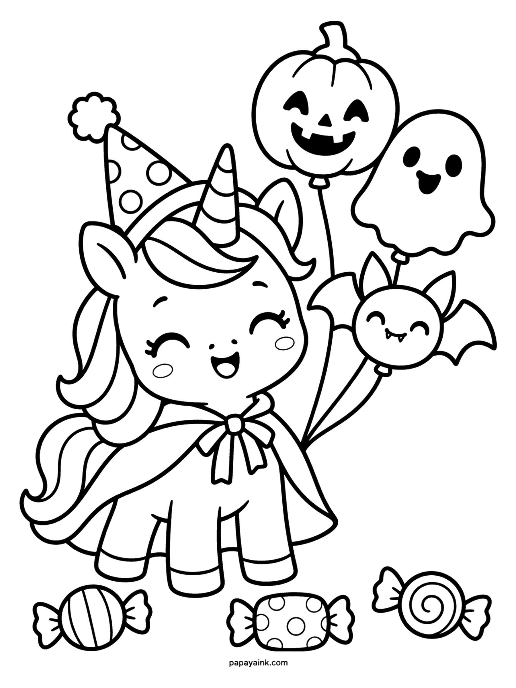 Easy Cute Halloween Coloring Pages - Baby unicorn in a cape and polka-dot party hat holding pumpkin, ghost and bat balloons