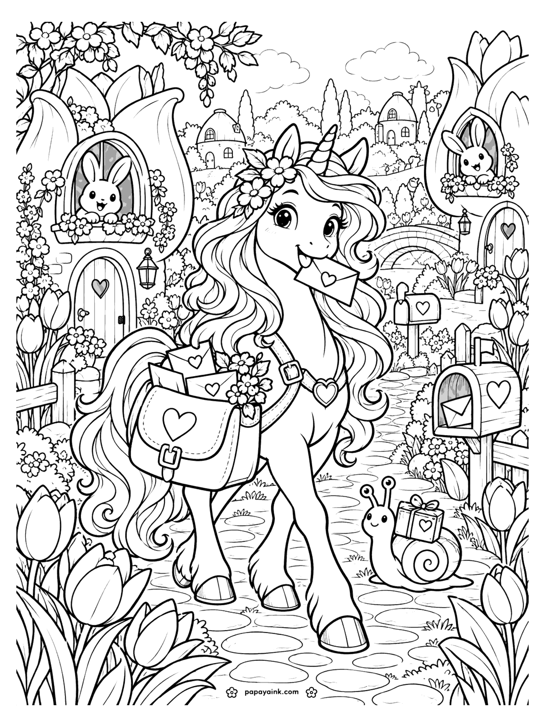 Cute Unicorn Coloring Pages - A unicorn mail carrier trots through a village of tulip-shaped houses with a heart letter in her mouth, a satchel full of envelopes, bunnies at the windows and a snail hauling a gift. Detailed.