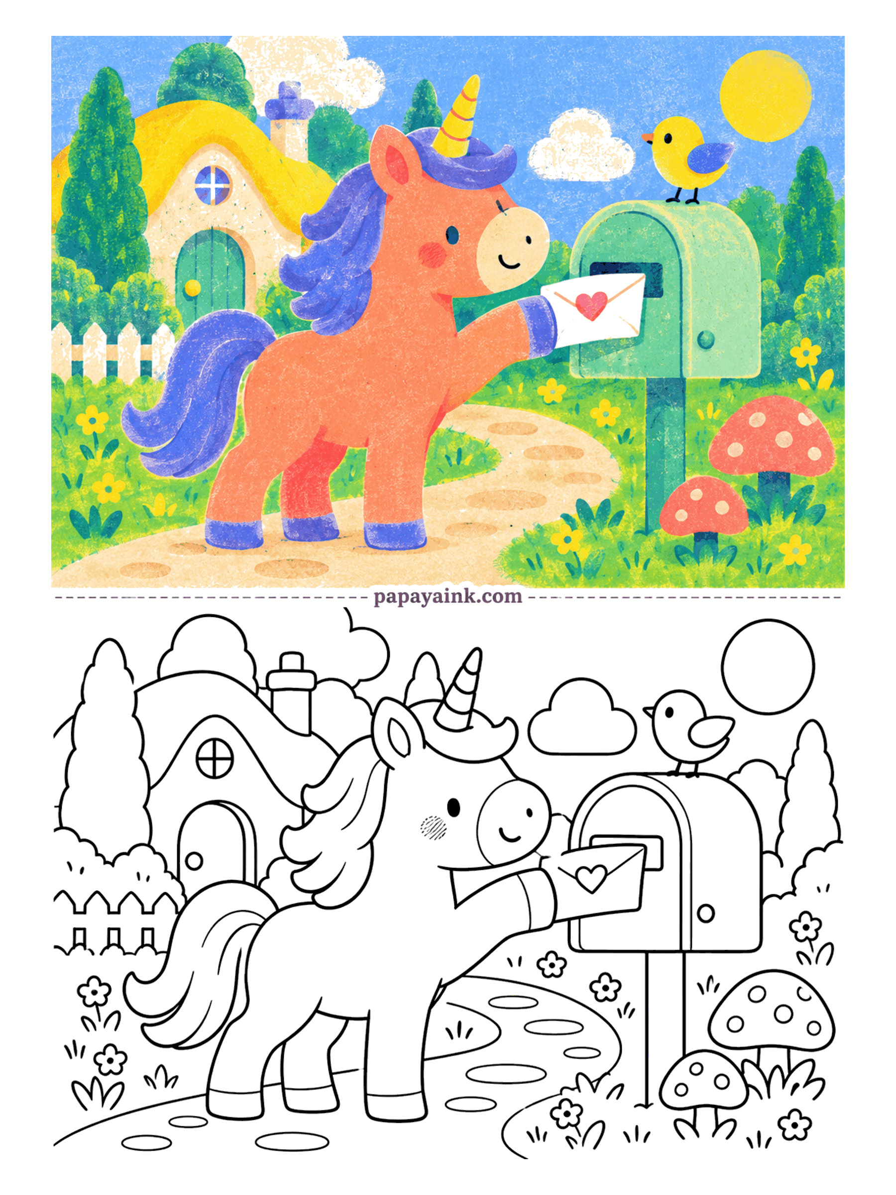 Cute Unicorn Coloring Pages - Special delivery, sender's side. A unicorn drops an envelope sealed with a heart into the mailbox while a little bird supervises from the top. Cottage, path and mushrooms in big simple shapes - good for beginners.