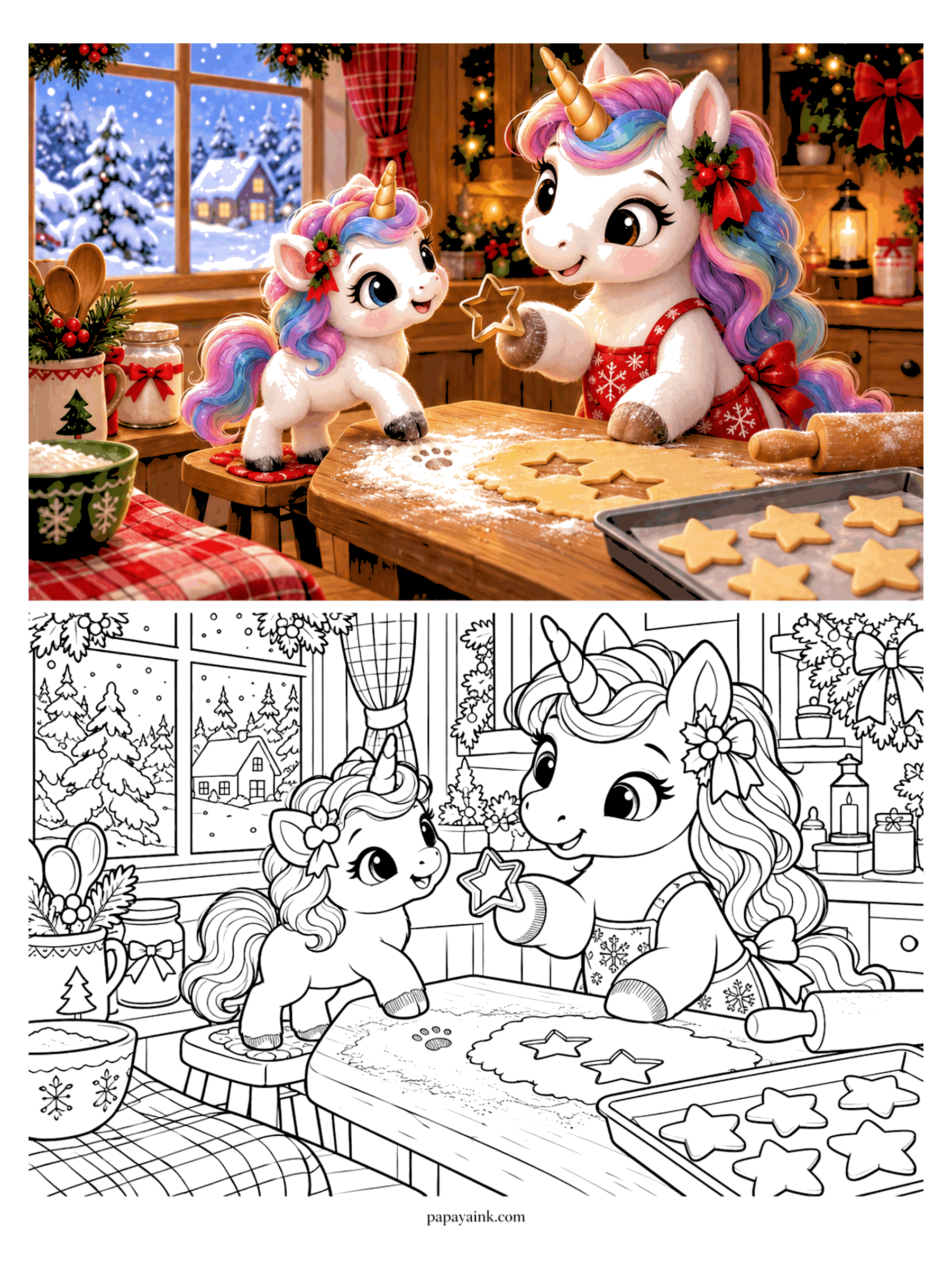Cute Christmas Coloring Pages - A unicorn mom in a holiday apron cuts star cookies with her foal in a cozy Christmas kitchen. Detailed.
