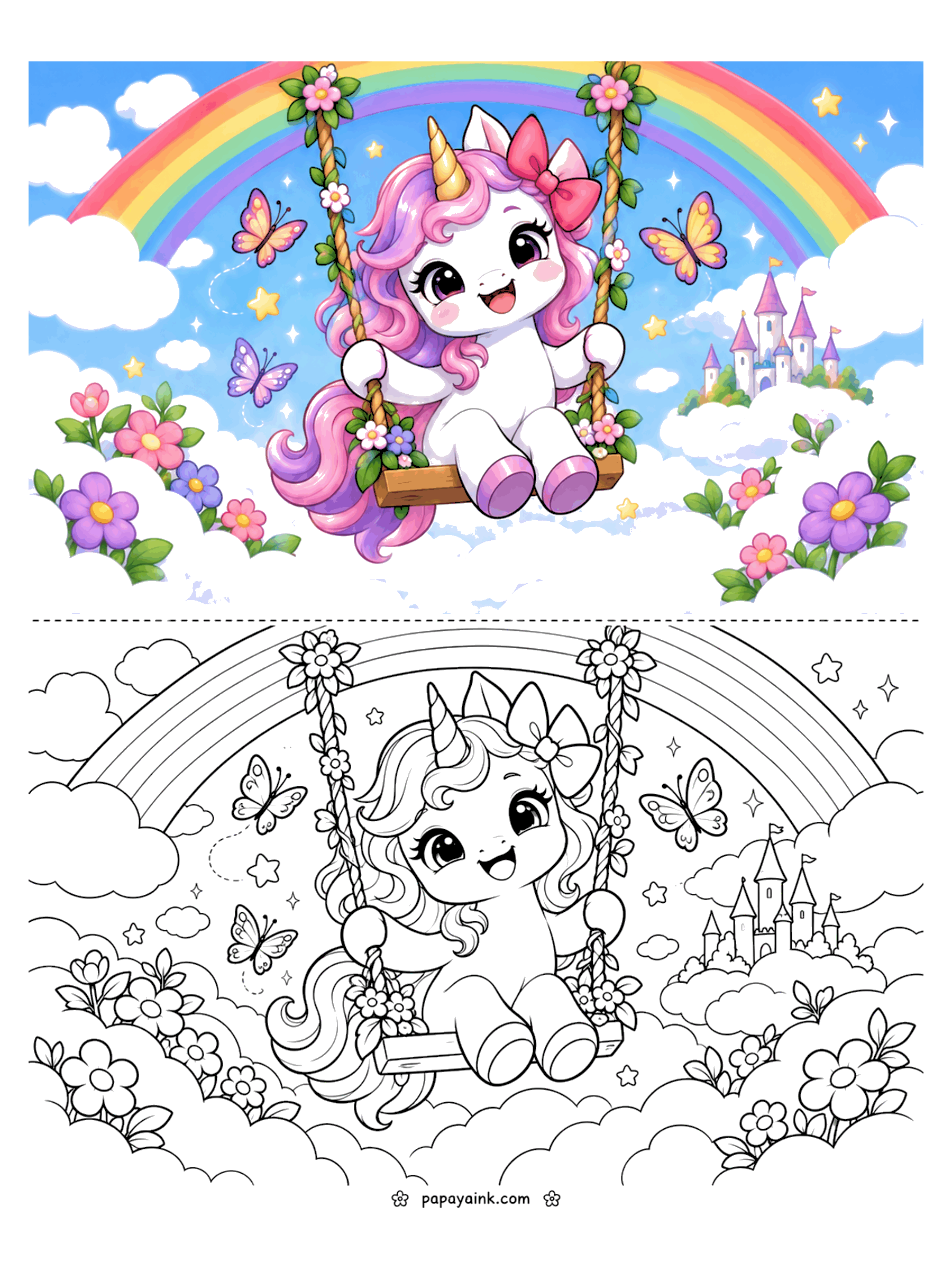 Cute Unicorn Coloring Pages - A unicorn with a big bow swings on a flower-wrapped swing hanging from a rainbow, with butterflies, clouds and a castle in the sky.