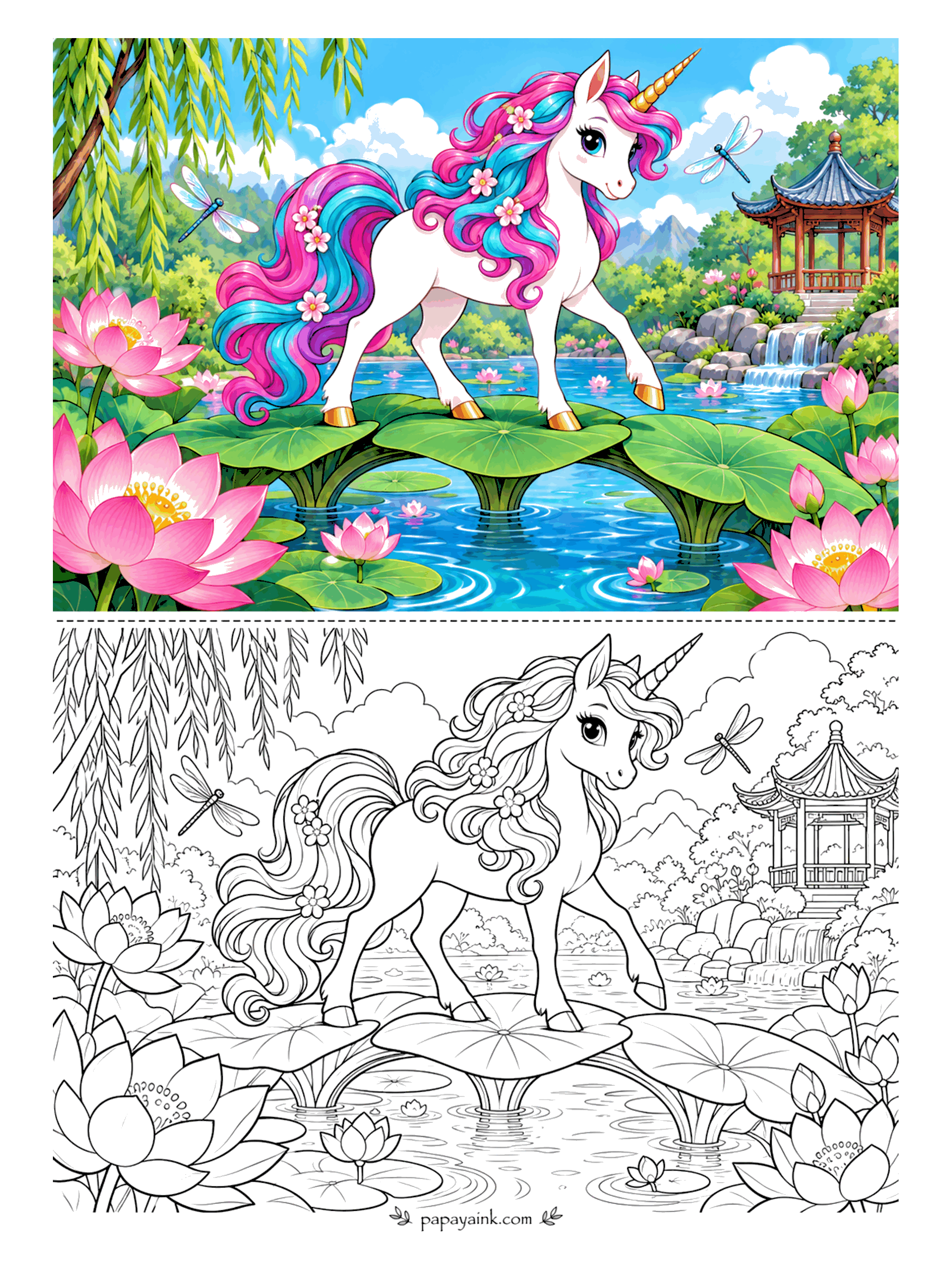 Unicorn Coloring Pages - Lily pads make a bridge if you are light enough, and this unicorn clearly is. She crosses the pond toward a red pavilion with two dragonflies for company, lotus blooms opening on both sides. Keep the water pale so the pink petals carry the page. Detailed.
