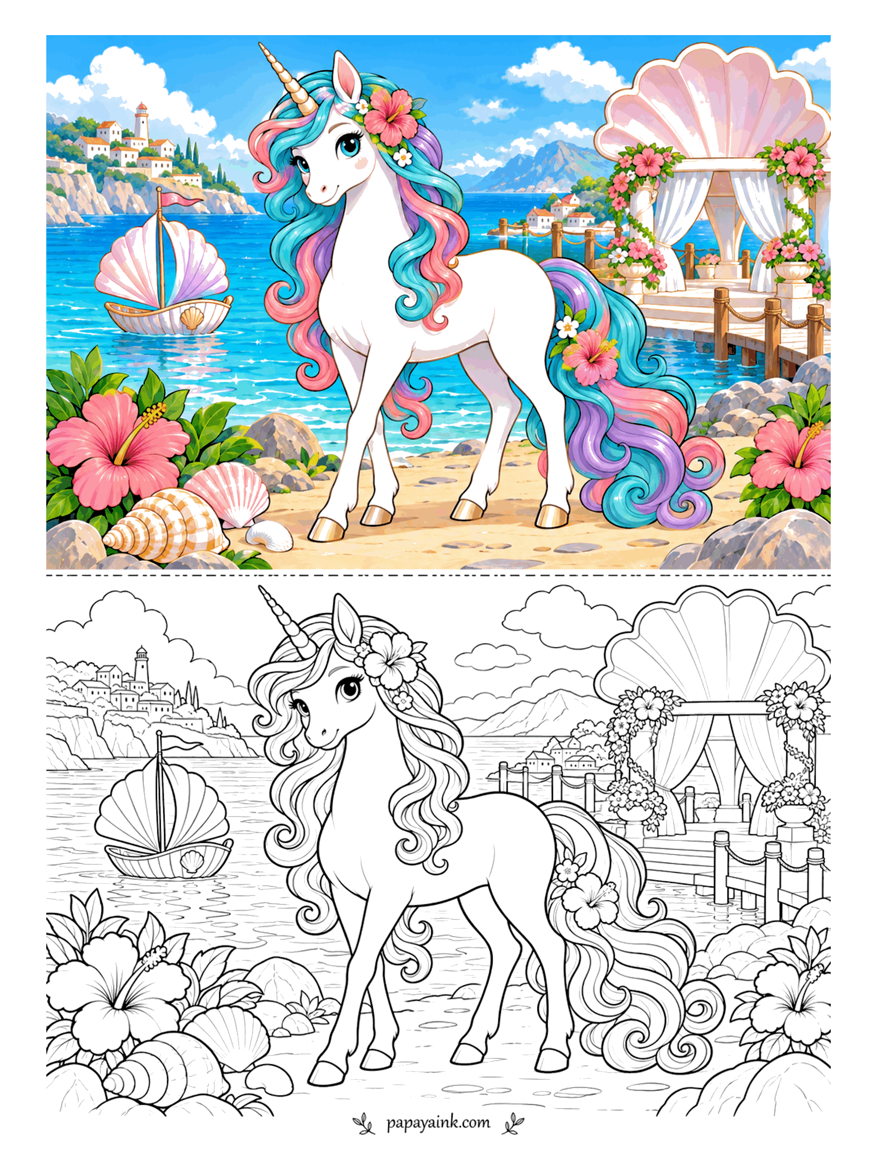 Unicorn Coloring Pages - Down on the beach a shell-shaped sailboat drifts past a pavilion made of one giant scallop. The unicorn wears a hibiscus behind her ear and pastel waves in her mane. Try turquoise water fading to white foam at the sand. Detailed.