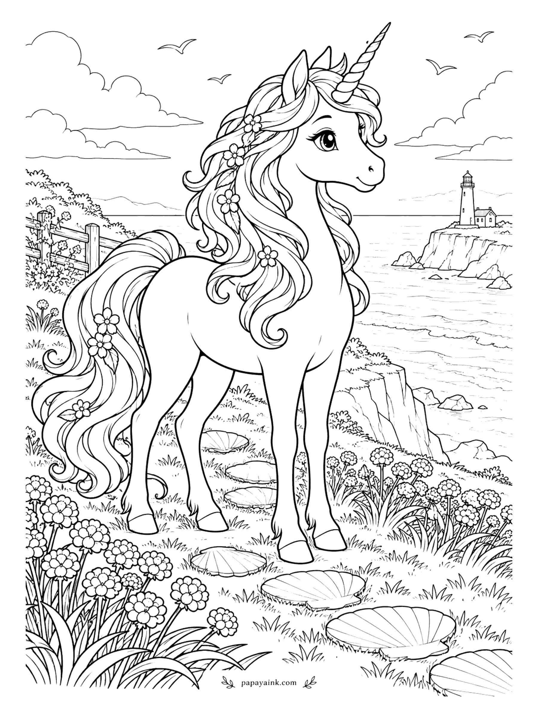 Unicorn Coloring Pages - Sea thrift grows in round pink tufts along the cliff, and scallop shells make stepping stones through the grass. Far off, a lighthouse keeps watch from the headland while gulls ride the wind. A calm sea in two blues is all this page needs.