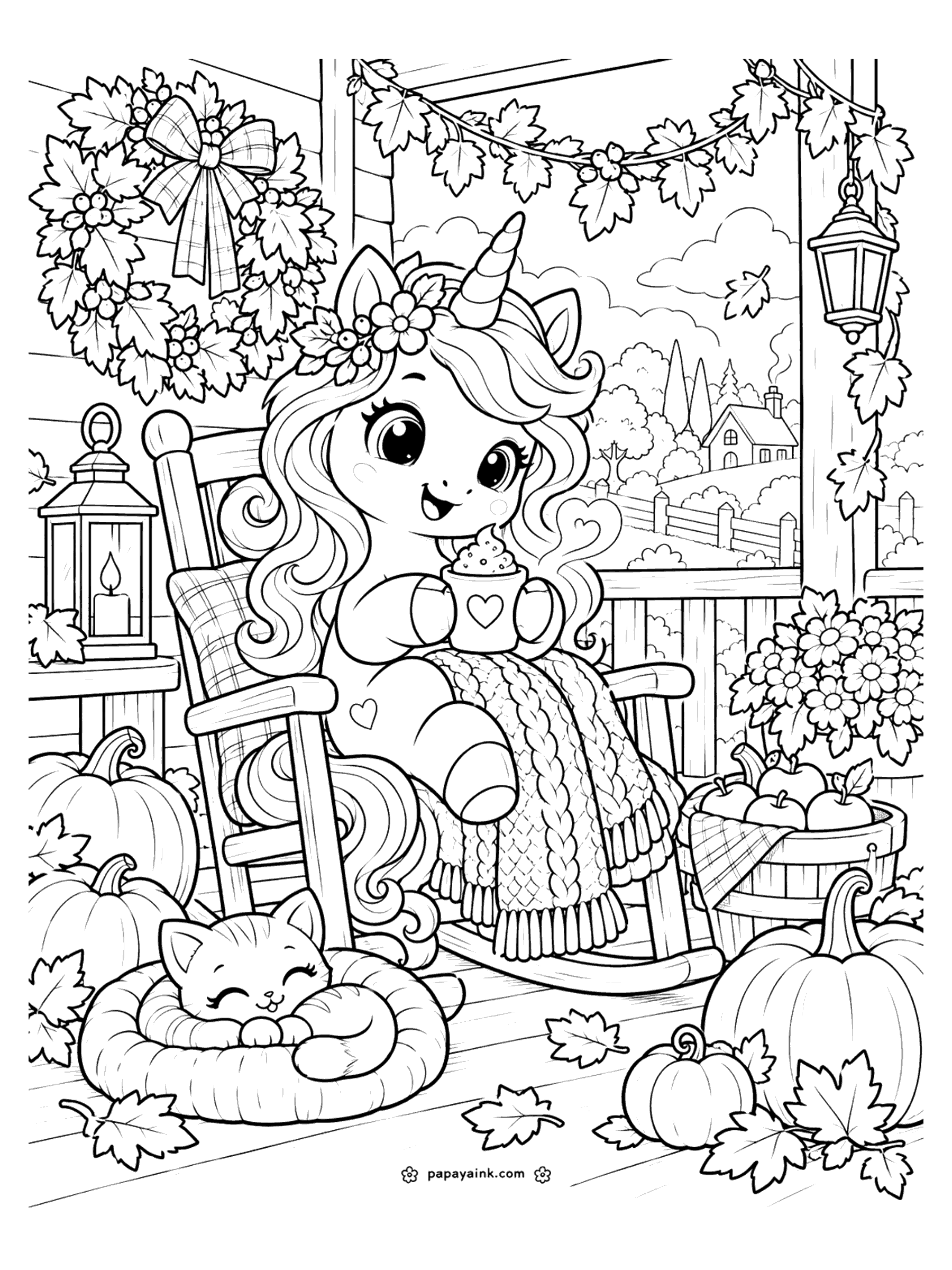 Cute Unicorn Coloring Pages - A unicorn rocks in a porch chair with a mug of cocoa and a knitted blanket, surrounded by pumpkins, apples, maple leaves and a sleeping cat.