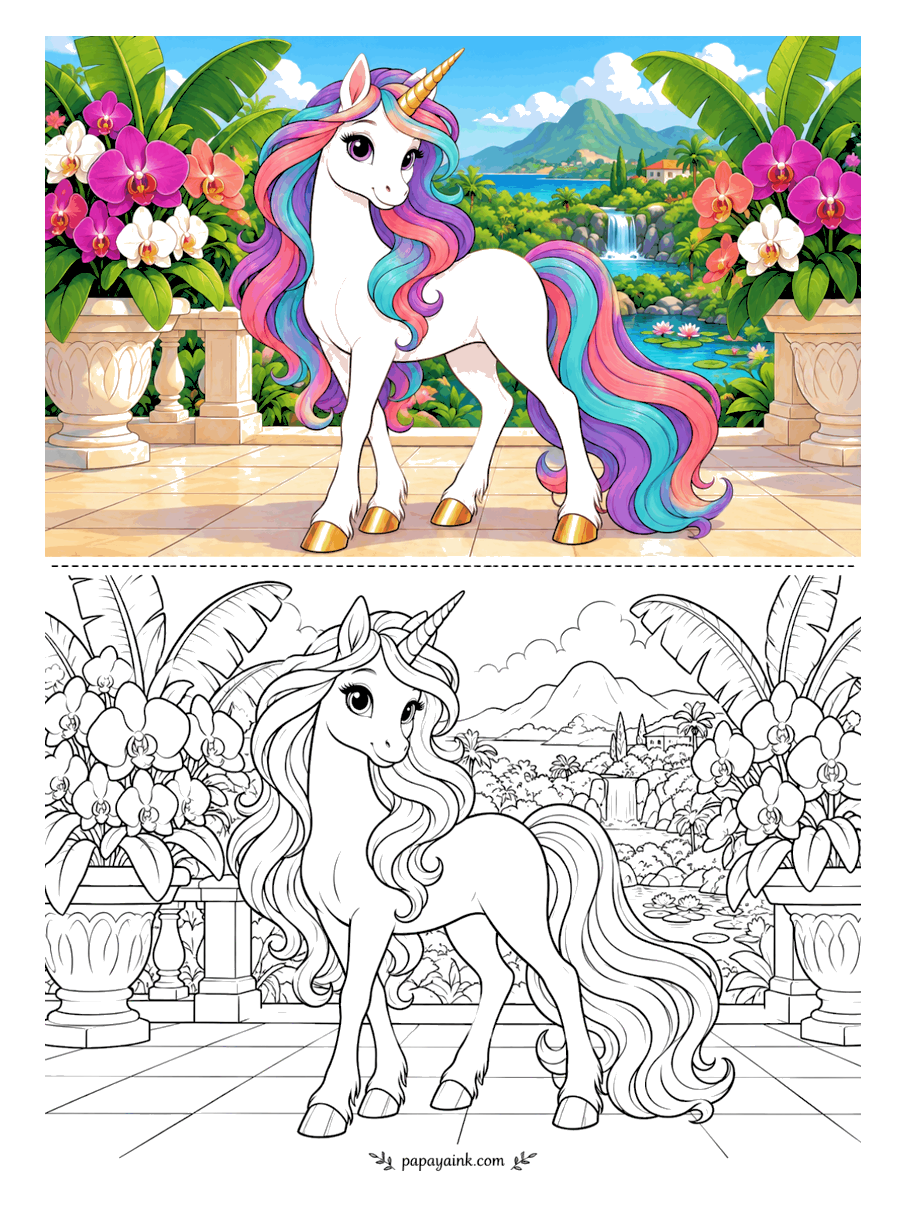 Unicorn Coloring Pages - From a marble terrace the view opens to a lagoon with a waterfall and a mountain beyond. Orchids in stone urns frame the unicorn, whose mane runs pink to violet to teal. Magenta orchids with yellow throats; the tiles stay pale. Detailed.