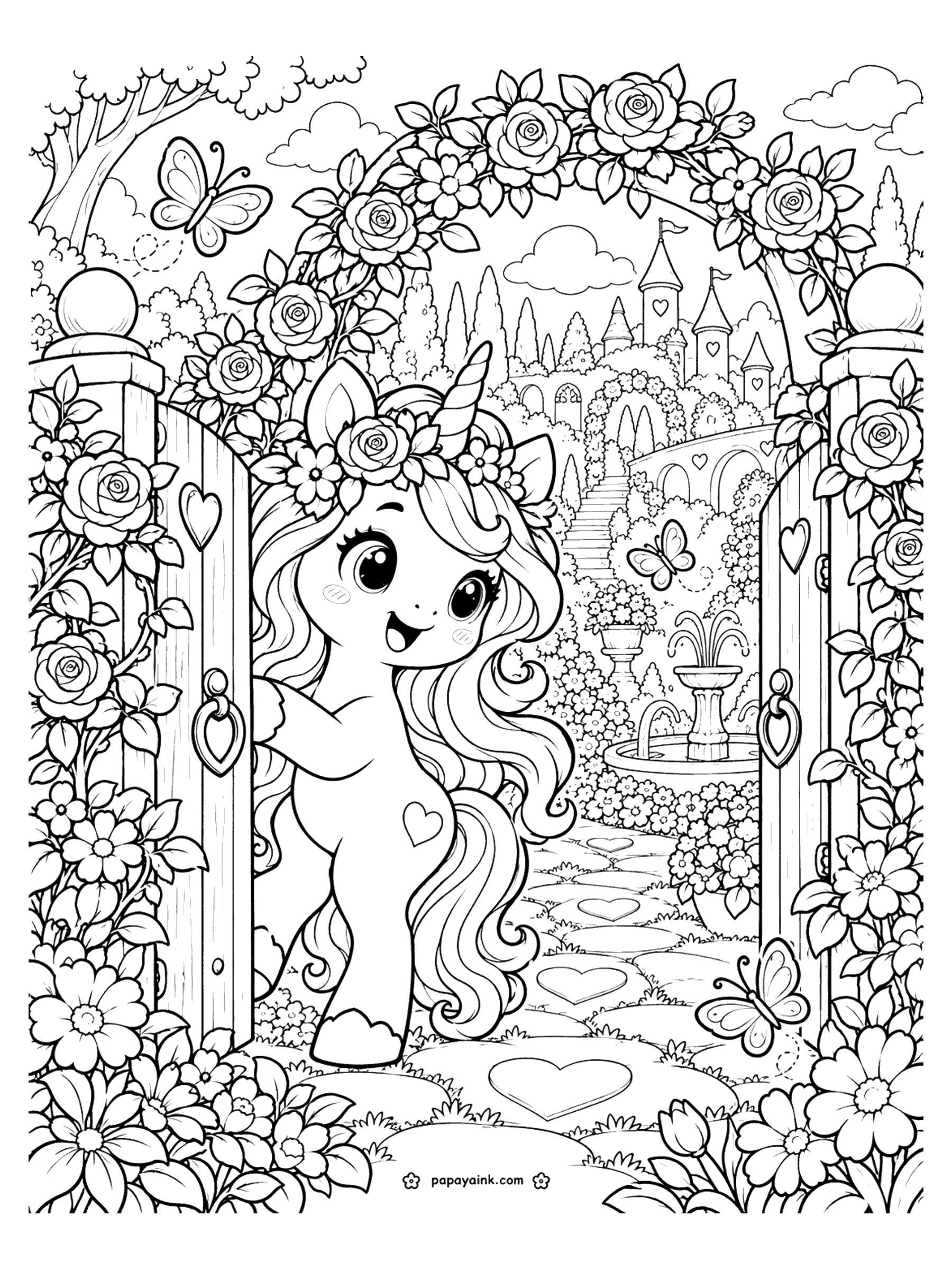 Cute Unicorn Coloring Pages - A unicorn pushes open a wooden gate under a rose arch, revealing a heart-stone path, a fountain, butterflies and a castle on the hill. Detailed.