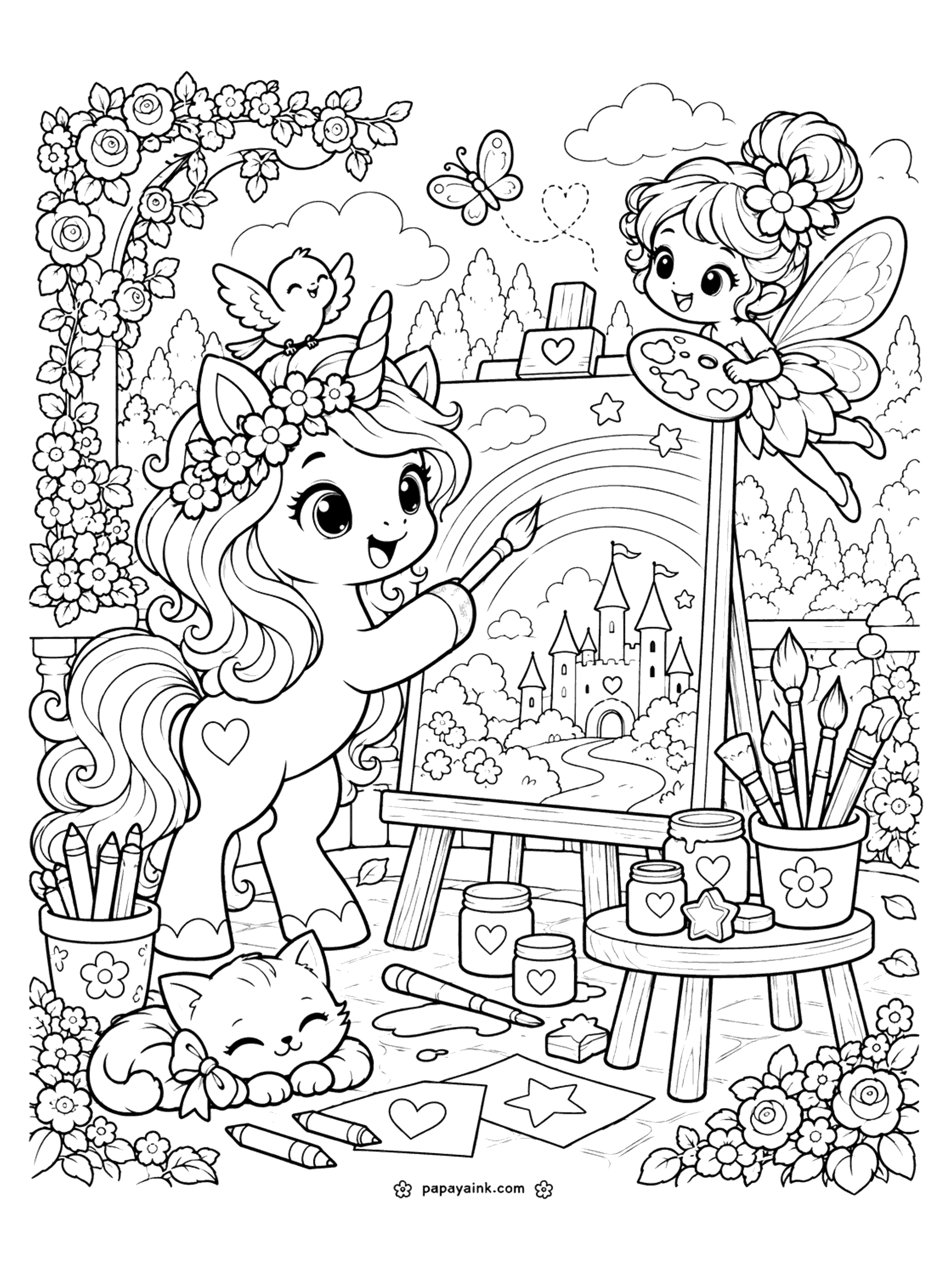 Cute Unicorn Coloring Pages - A unicorn paints a castle and a rainbow on a big easel while a fairy holds the palette and a kitten naps among the paint jars.