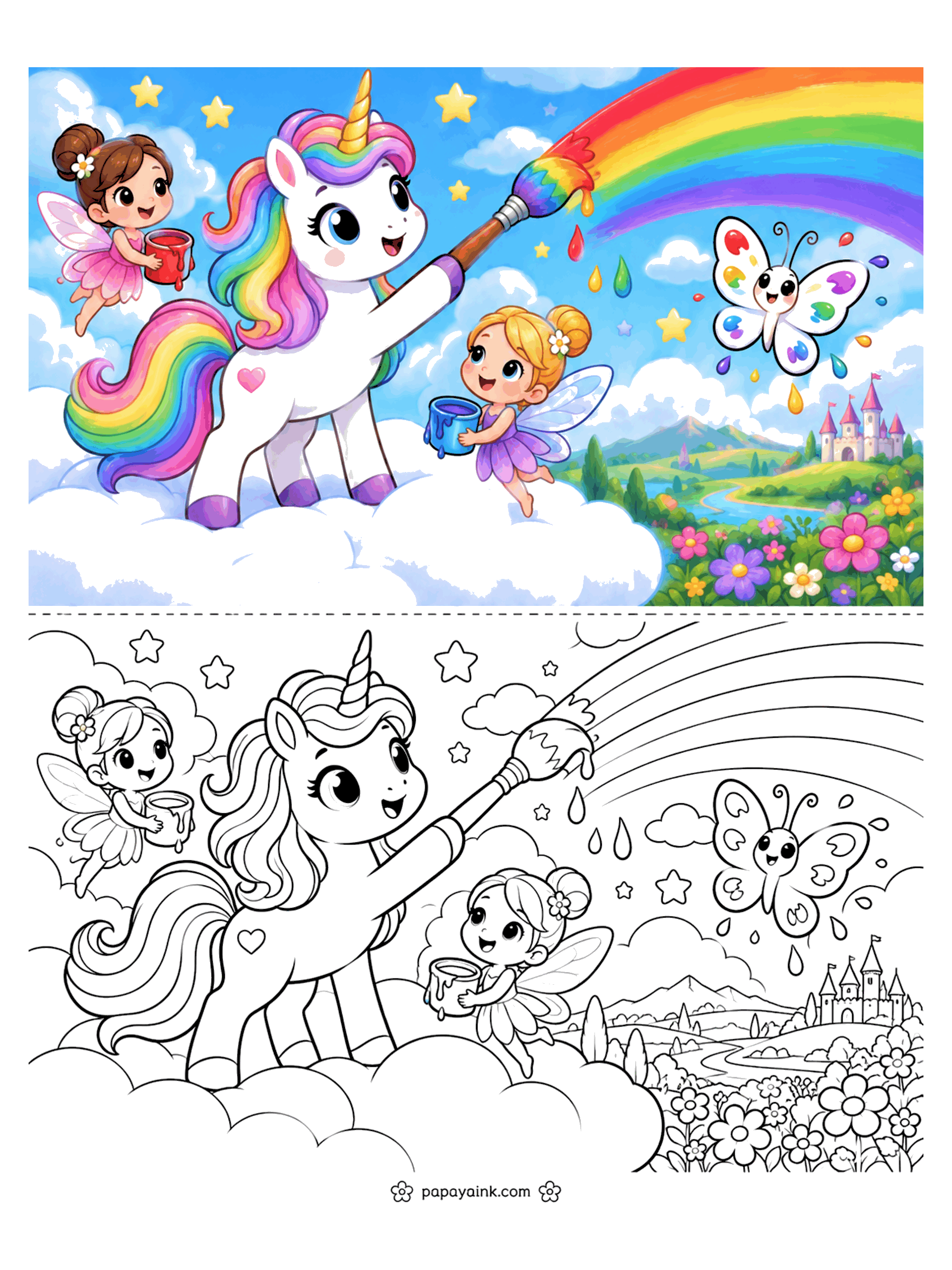 Cute Unicorn Coloring Pages - A unicorn paints a rainbow across the sky with a giant brush while two fairies carry paint buckets and a spotted butterfly watches.