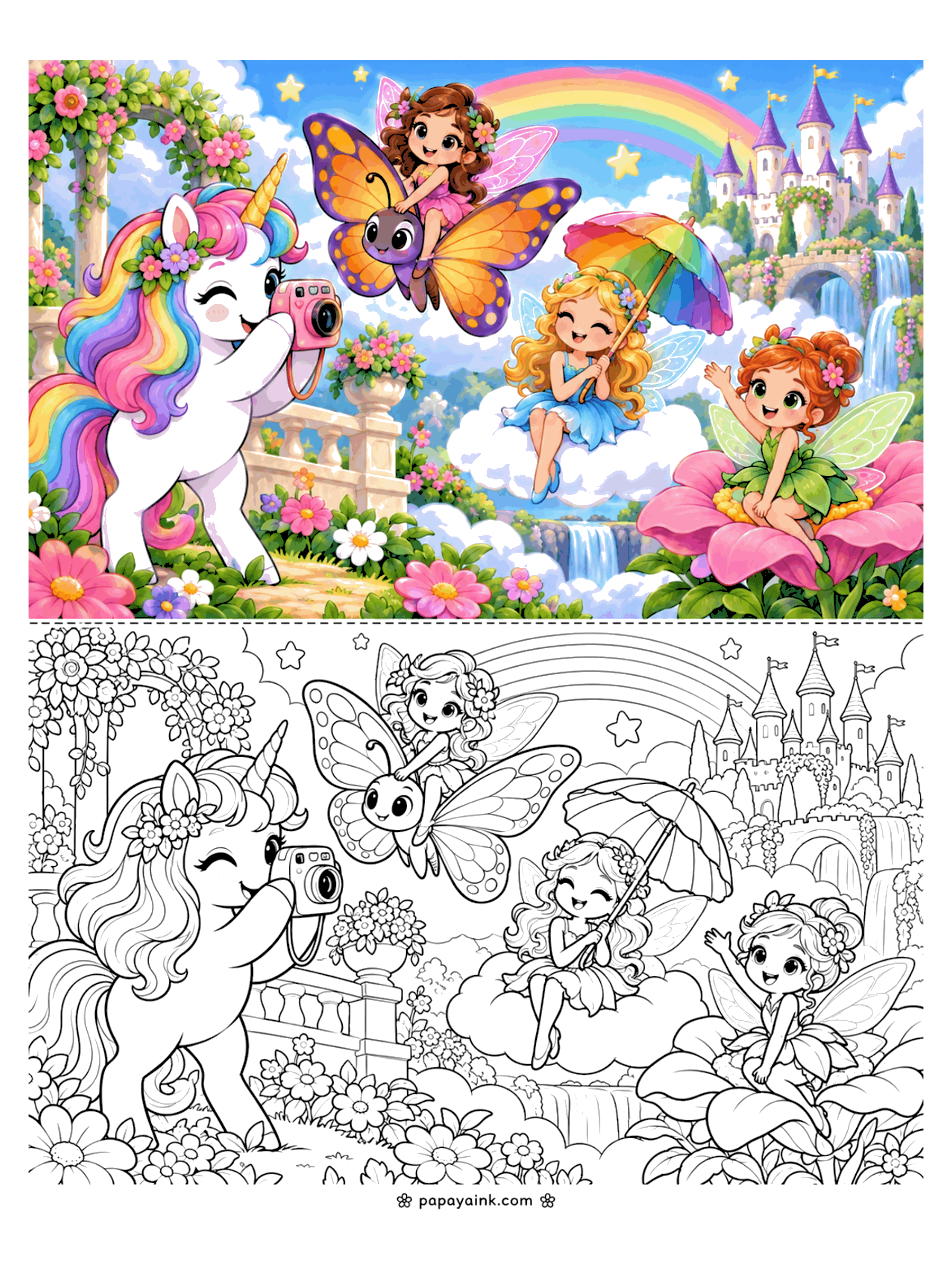Cute Unicorn Coloring Pages - A unicorn snaps a photo of three fairies posing on a butterfly, a cloud and a giant flower with a rainbow umbrella. Detailed.