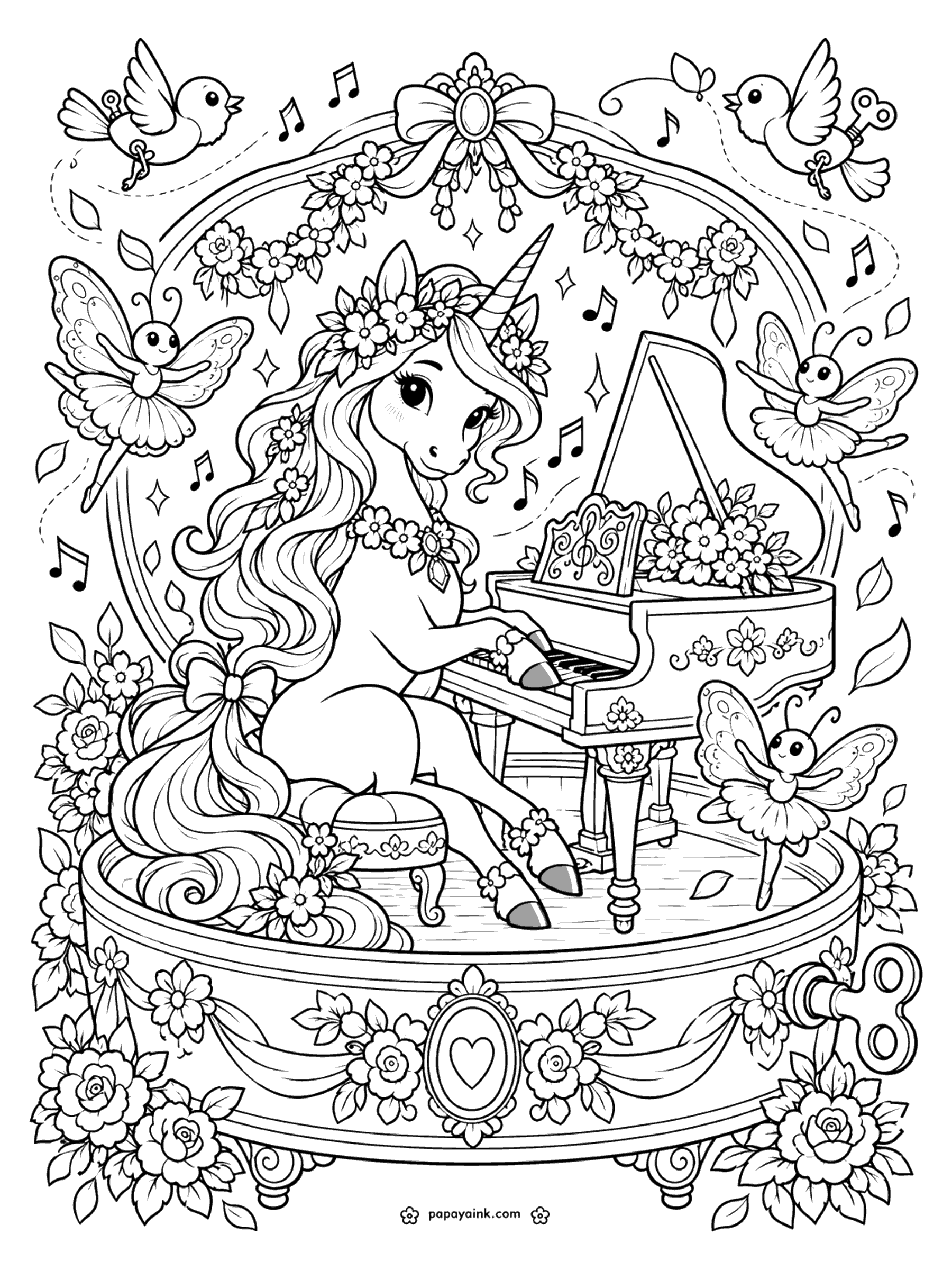 Cute Unicorn Coloring Pages - A unicorn plays a grand piano on top of a wind-up music box while butterfly ballerinas dance around her and two clockwork birds fly among the music notes. Detailed.