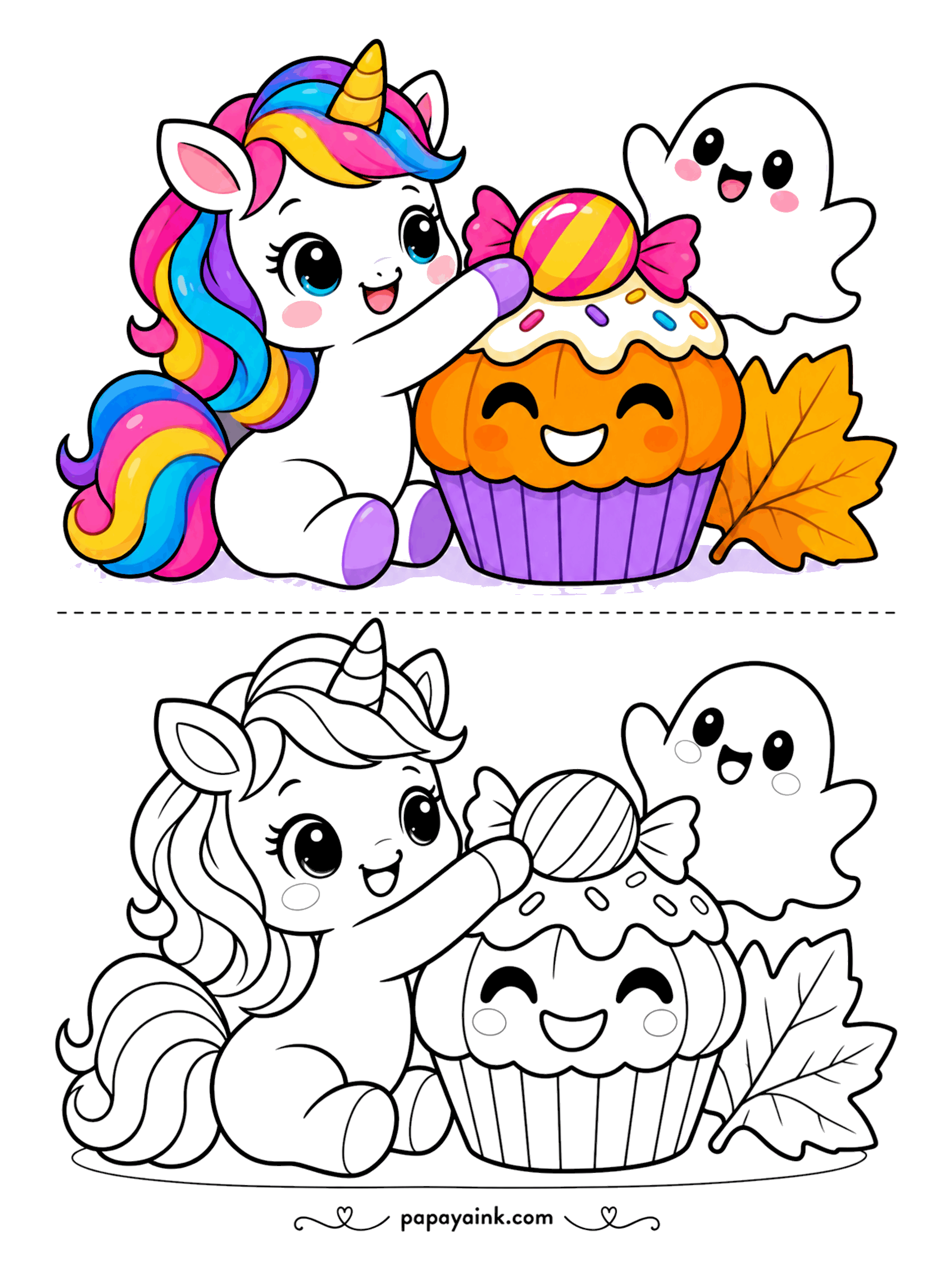 Easy Cute Halloween Coloring Pages - A rainbow-maned unicorn adds the last swirl of candy to a pumpkin cupcake in a purple wrapper, and the ghost looks ready to steal a bite. Use every color you own on that mane - the lines are built for it.