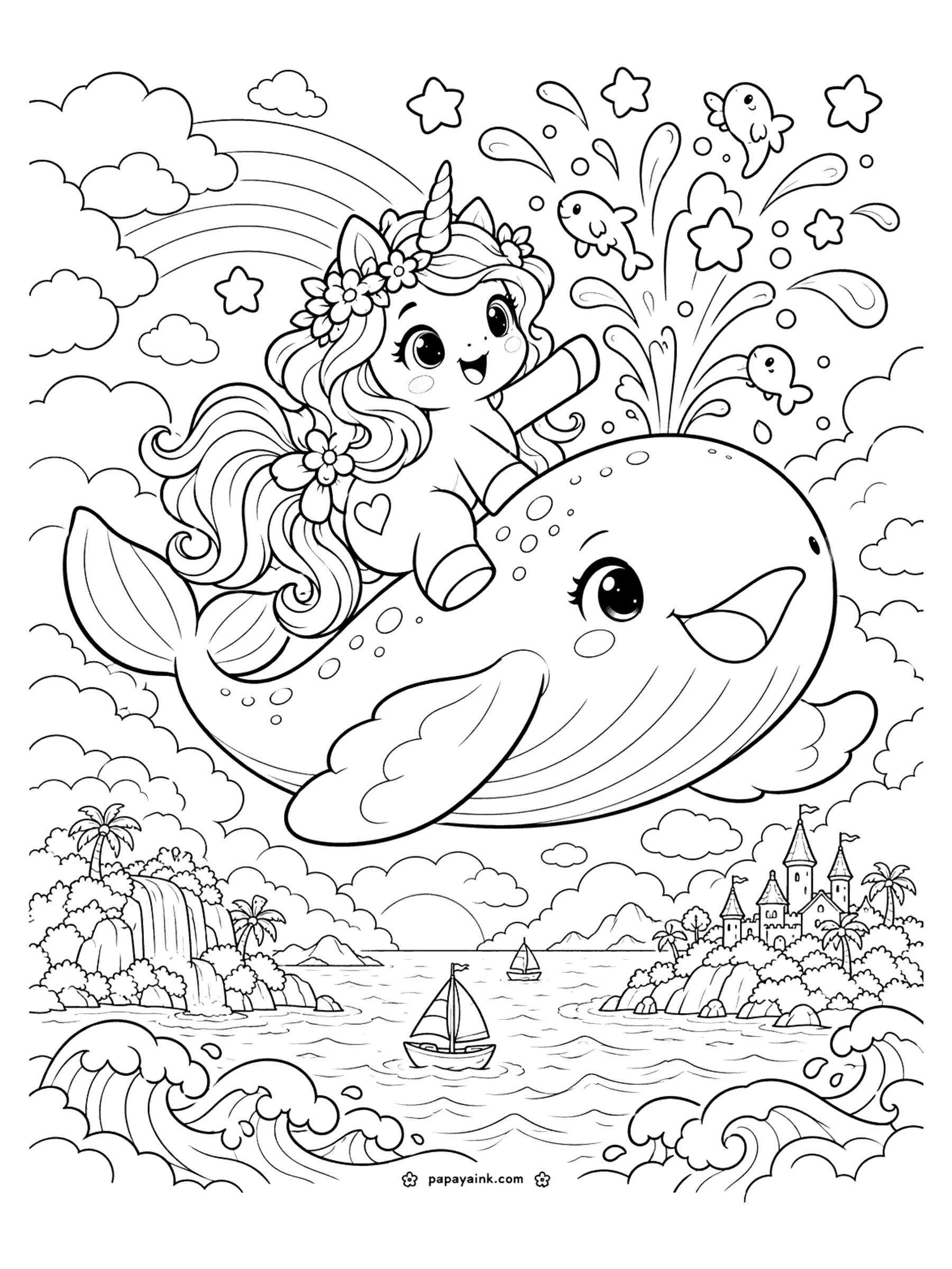 Cute Unicorn Coloring Pages - A unicorn rides on the back of a smiling whale flying above the sea, its spout tossing stars and little fish, with a rainbow, sailboats and a castle on the shore.