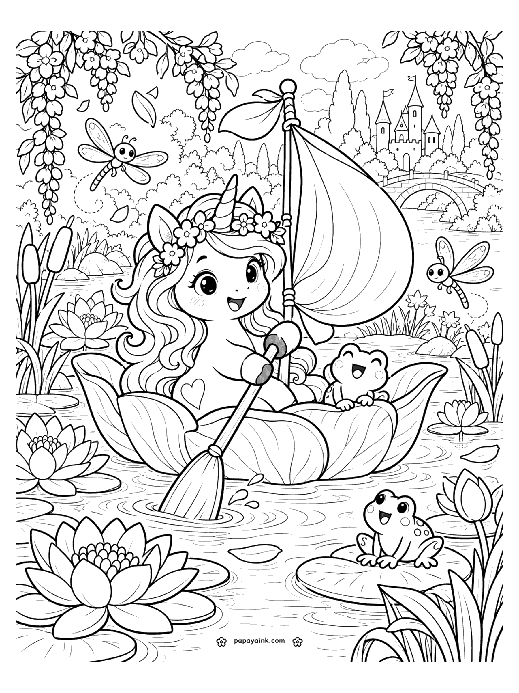 Cute Unicorn Coloring Pages - A unicorn in a flower crown rows a lily-leaf boat with a leaf sail across a pond, with a frog passenger, dragonflies, water lilies and a castle beyond the bridge. Detailed.