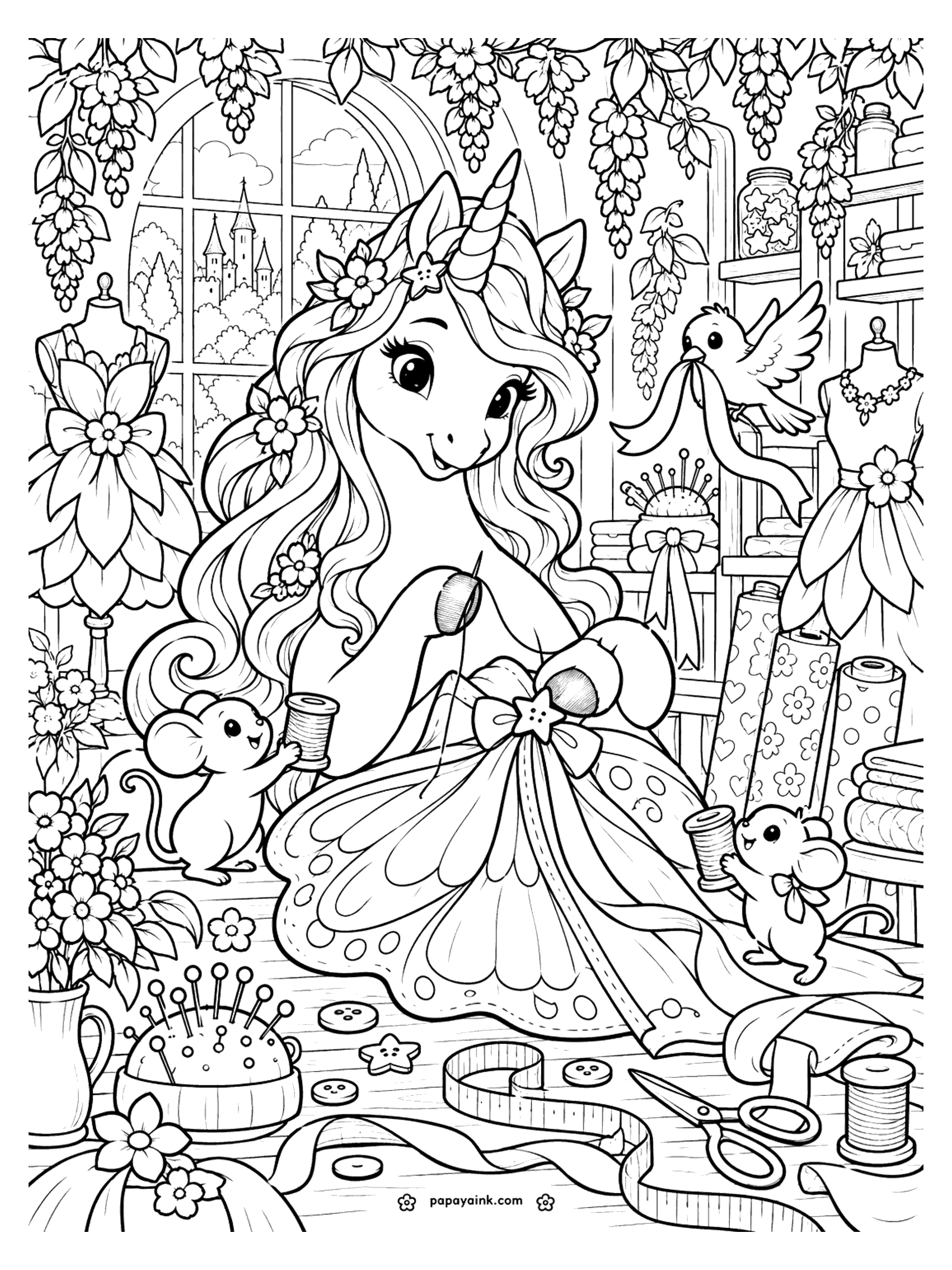 Cute Unicorn Coloring Pages - A unicorn seamstress stitches a butterfly-wing gown in a sewing room hung with wisteria while two mice bring spools of thread and a little bird carries a ribbon. Detailed.