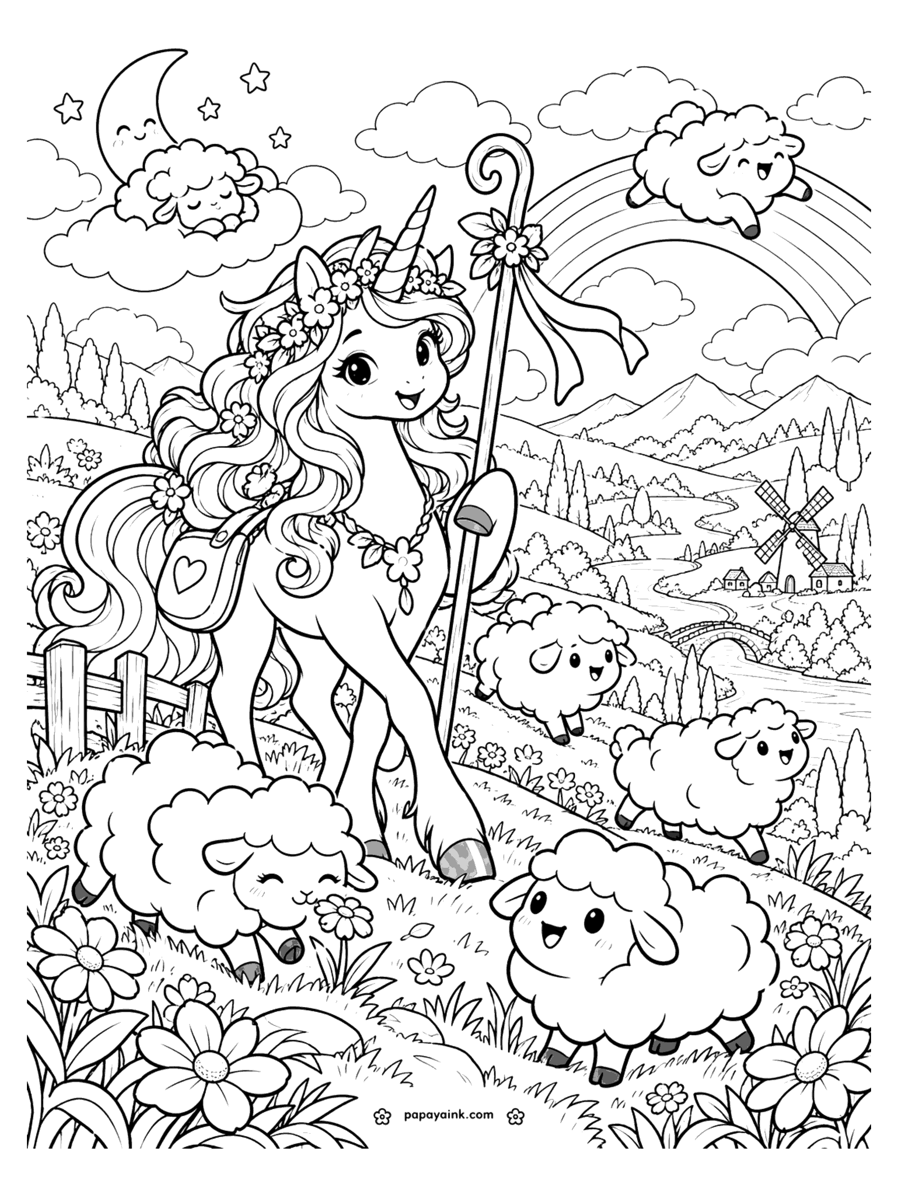 Cute Unicorn Coloring Pages - A unicorn shepherdess with a ribboned crook watches fluffy sheep hop across a flowered hill, with one sheep asleep on a cloud, a rainbow, a windmill and a winding river.