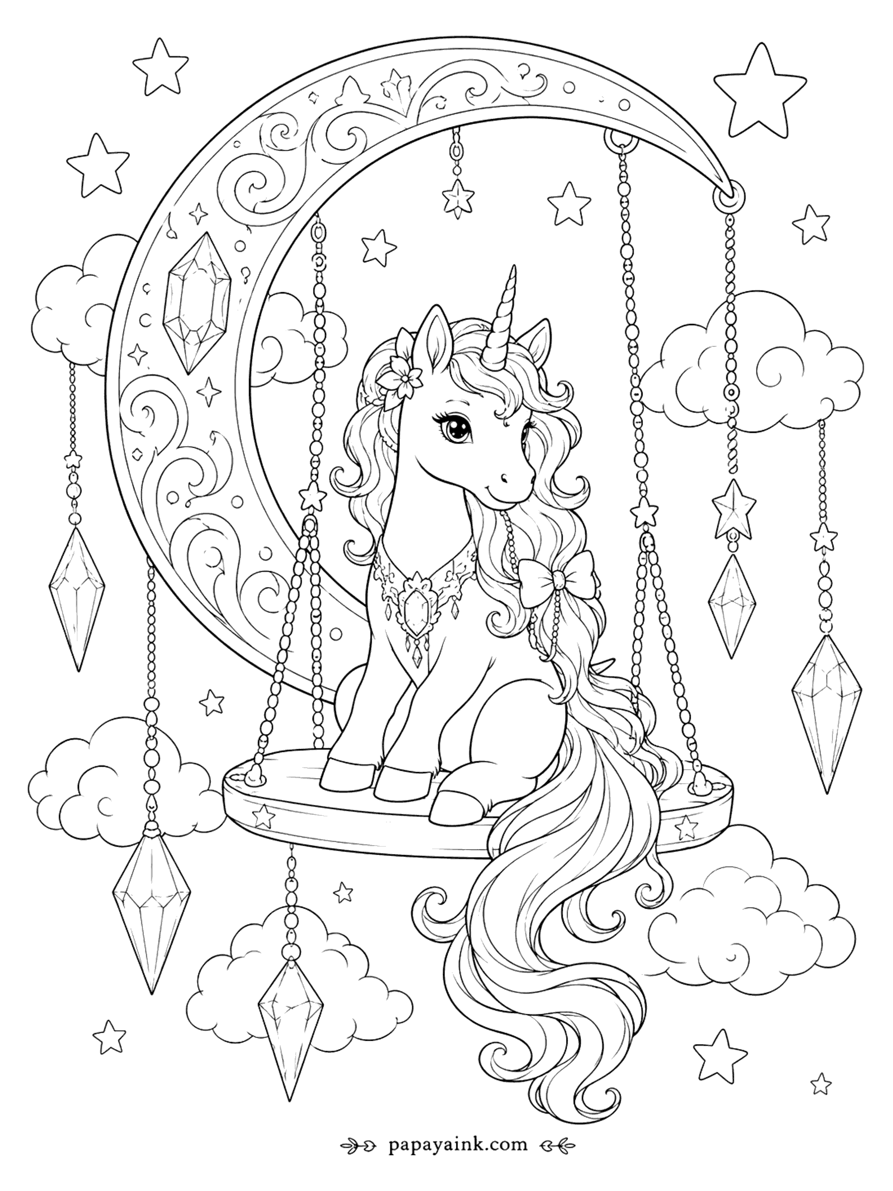 Unicorn Coloring Pages - Cute Unicorn Coloring Page: Crescent Moon Swing with Crystal Charms